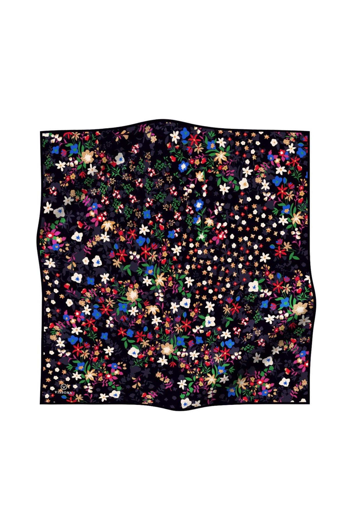 %100 Twill İpek Çıtır Çiçek Desenli Siyah - Fuşya Renkli 90x90 Eşarp Dikim Şekli : El Dikişi