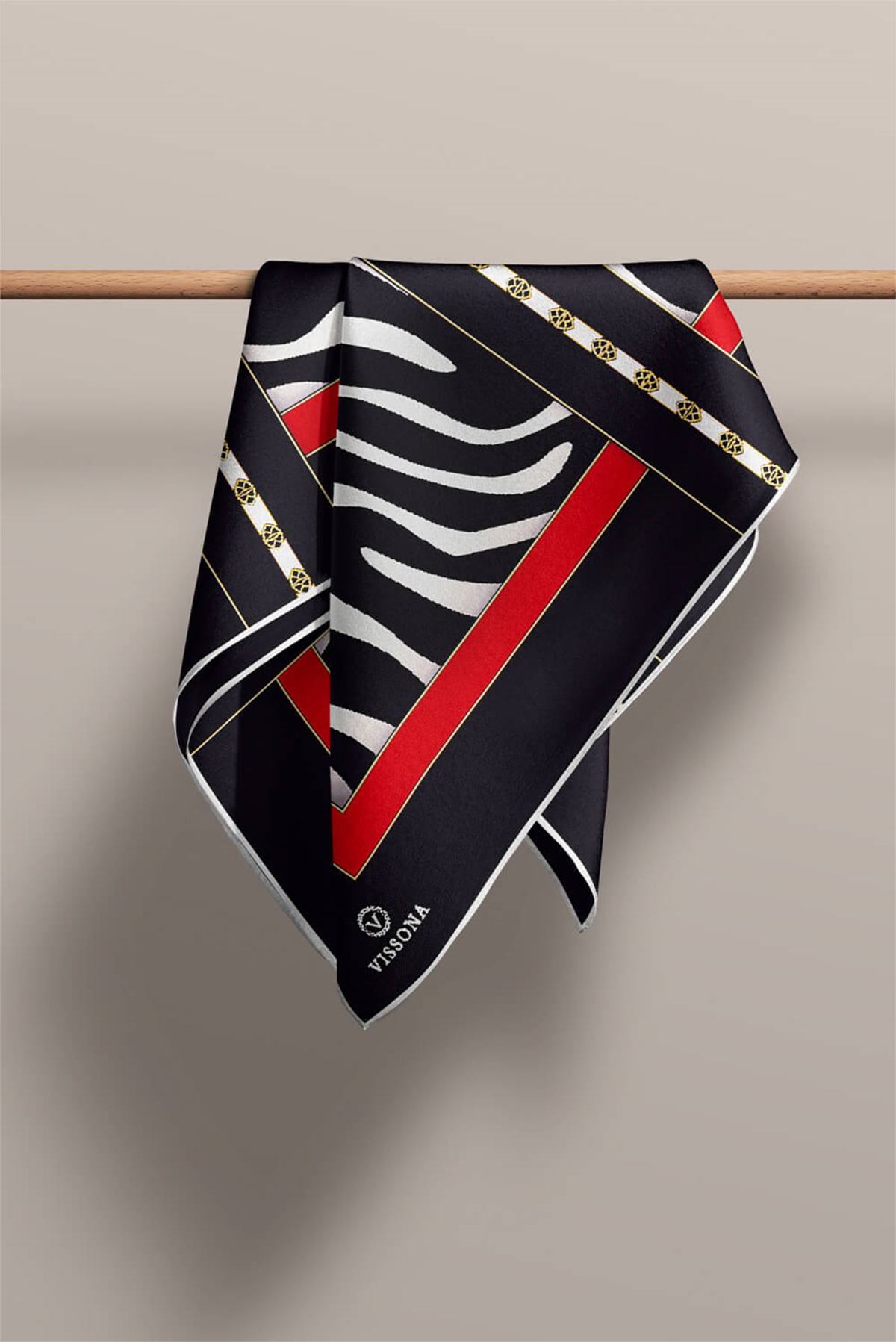 %100 Twill İpek Zebra Desenli Siyah - Kırmızı Renkli 90x90 Eşarp Kenar Dikiş Şekli El Dikişli