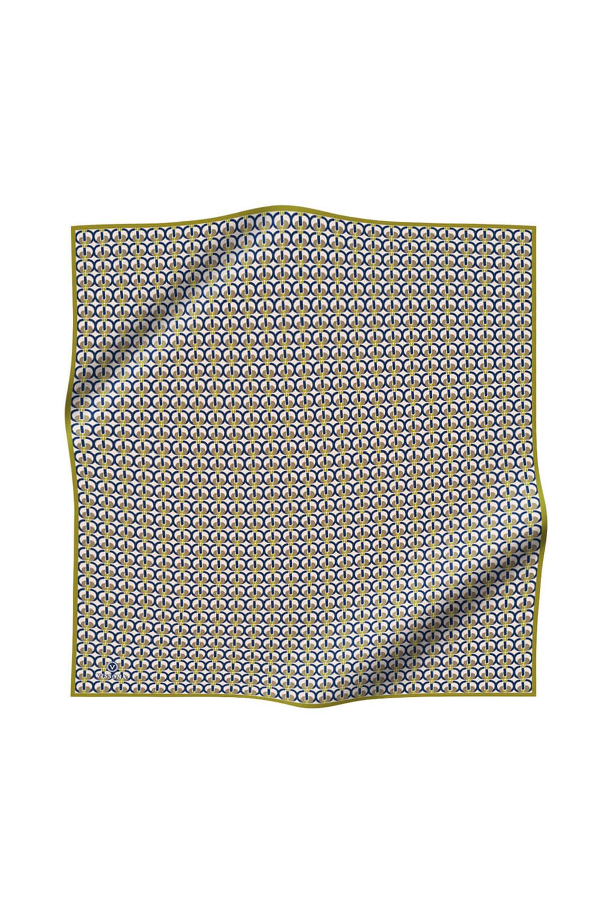 %100 Twill İpek Geometrik Desenli Bej - Fıstık Yeşili Renkli 90x90 Eşarp Dikim Şekli : El Dikişi