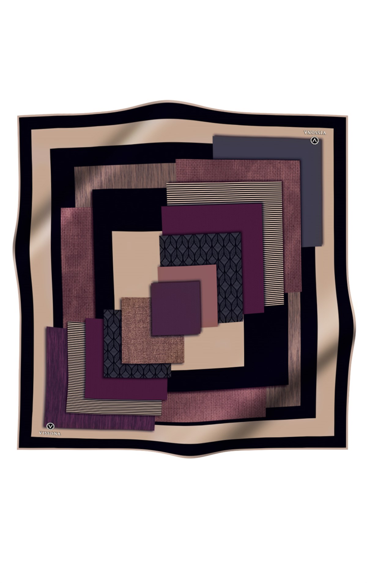 %100 Twill İpek Geometrik Desenli Mürdüm - Siyah Renkli 90x90 Eşarp Dikim Şekli : El Dikişi