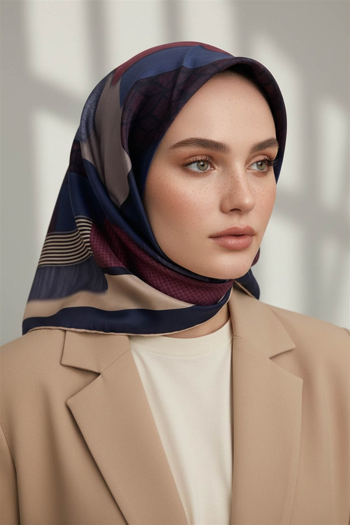 %100 Twill İpek Geometrik Desenli Bordo - Lacivert Renkli 90x90 Eşarp Dikim Şekli : El Dikişi