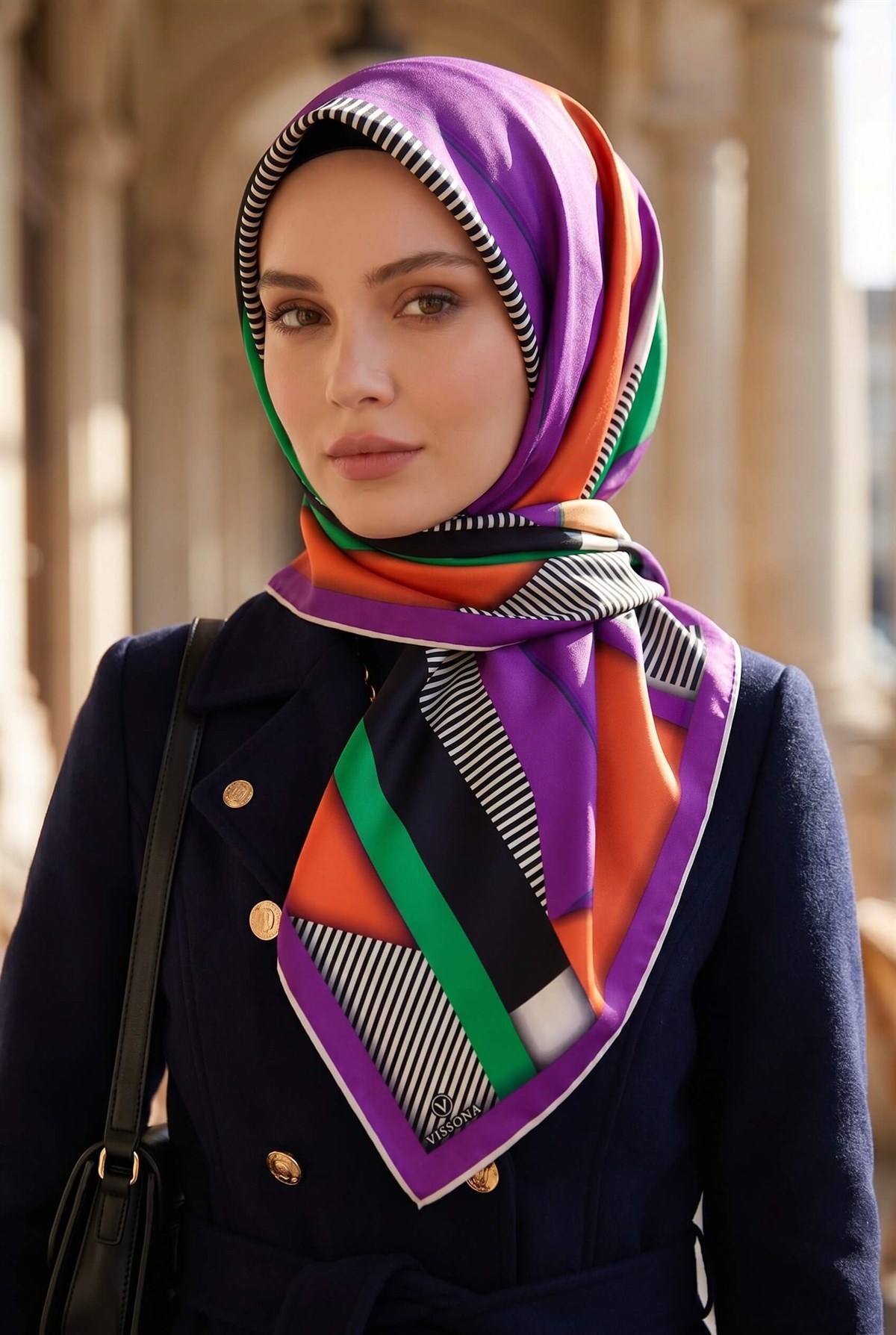 %100 Twill Renk Bloklu Çizgili Desenli Mor - Zümrüt Yeşili Renkli 90x90 Eşarp Dikim Şekli: El Dikişii