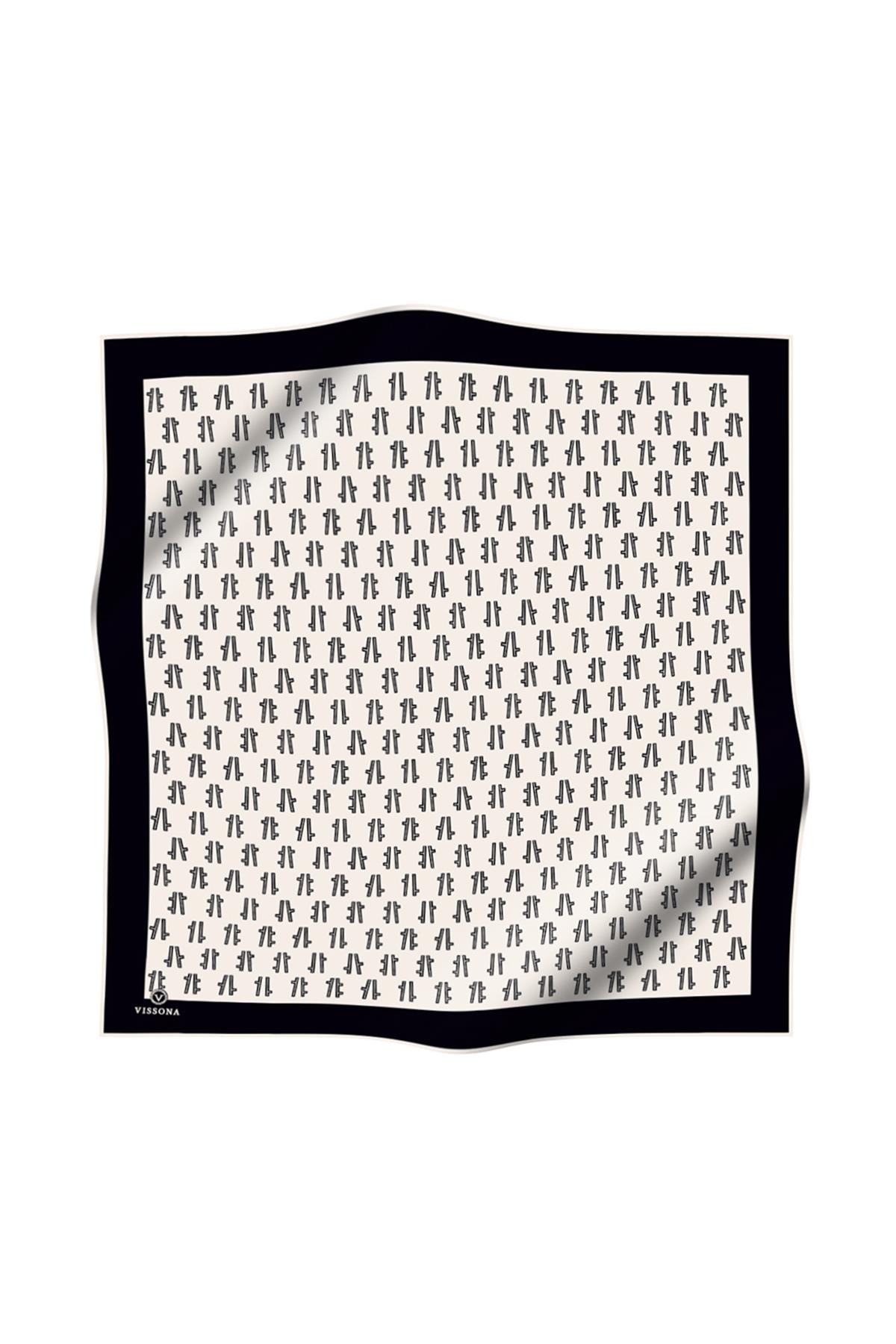 % 57 İPEK % 43 VİSKON Twill İpek Geometrik Desenli Krem - Siyah Renkli 90x90 Eşarp Dikim Şekli : El Dikişi