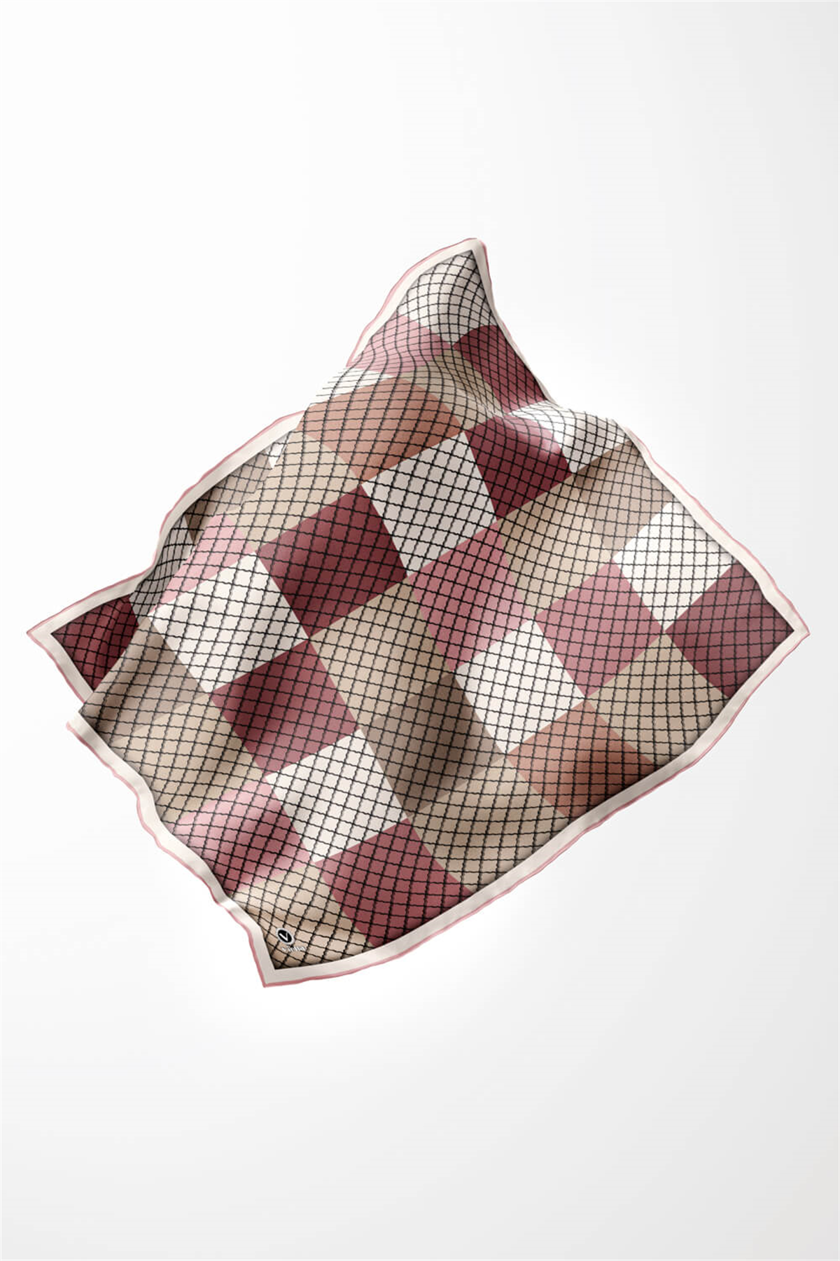 Twill Kare Desenli Pudra Renkli 90x90 Eşarp (İpek İçermez) Kenar Dikiş Şekli El Dikişli