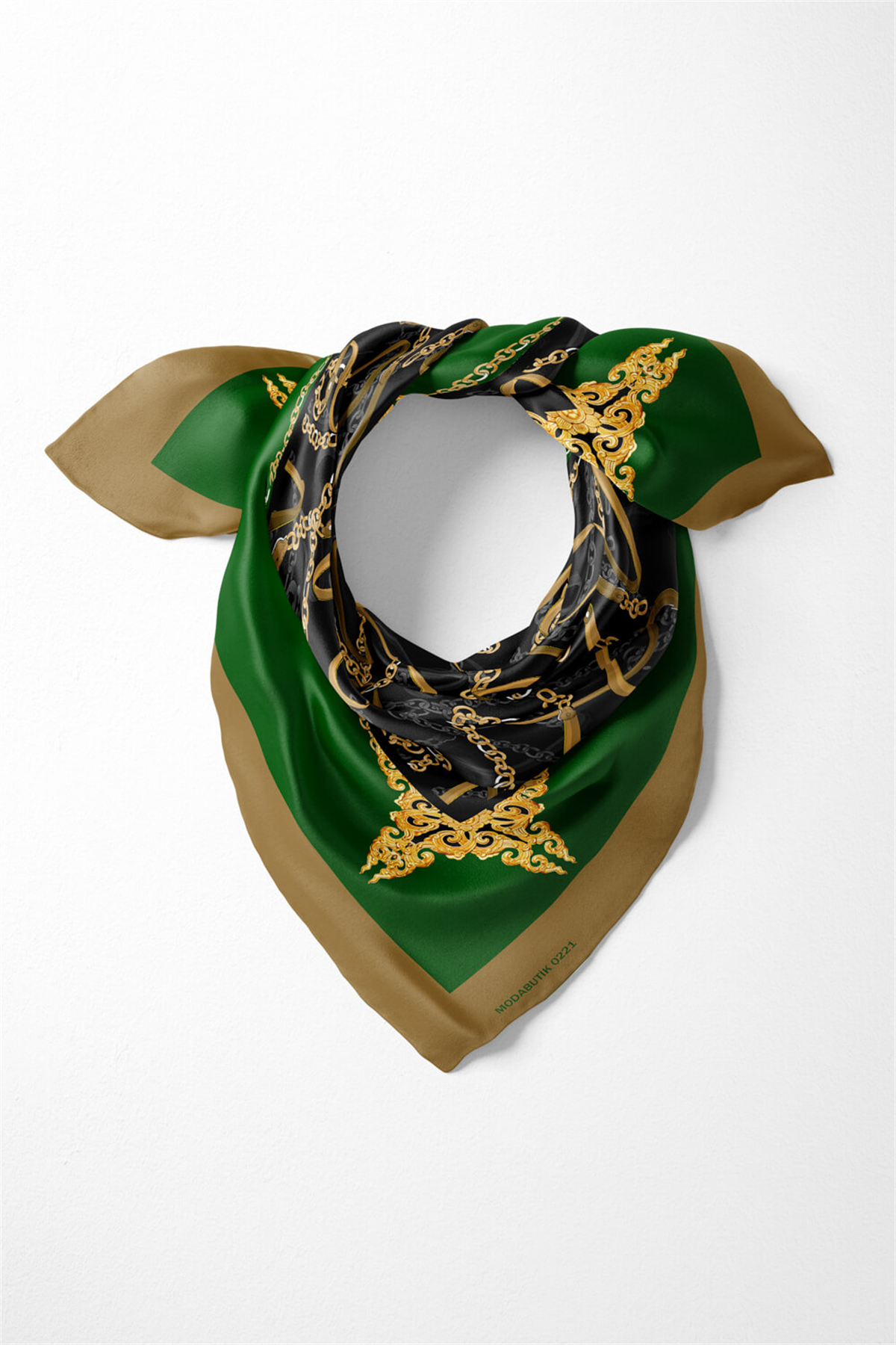 D114 Kadın Zincir  Desenli Bandana 50x50 Yeşil DG0221-22