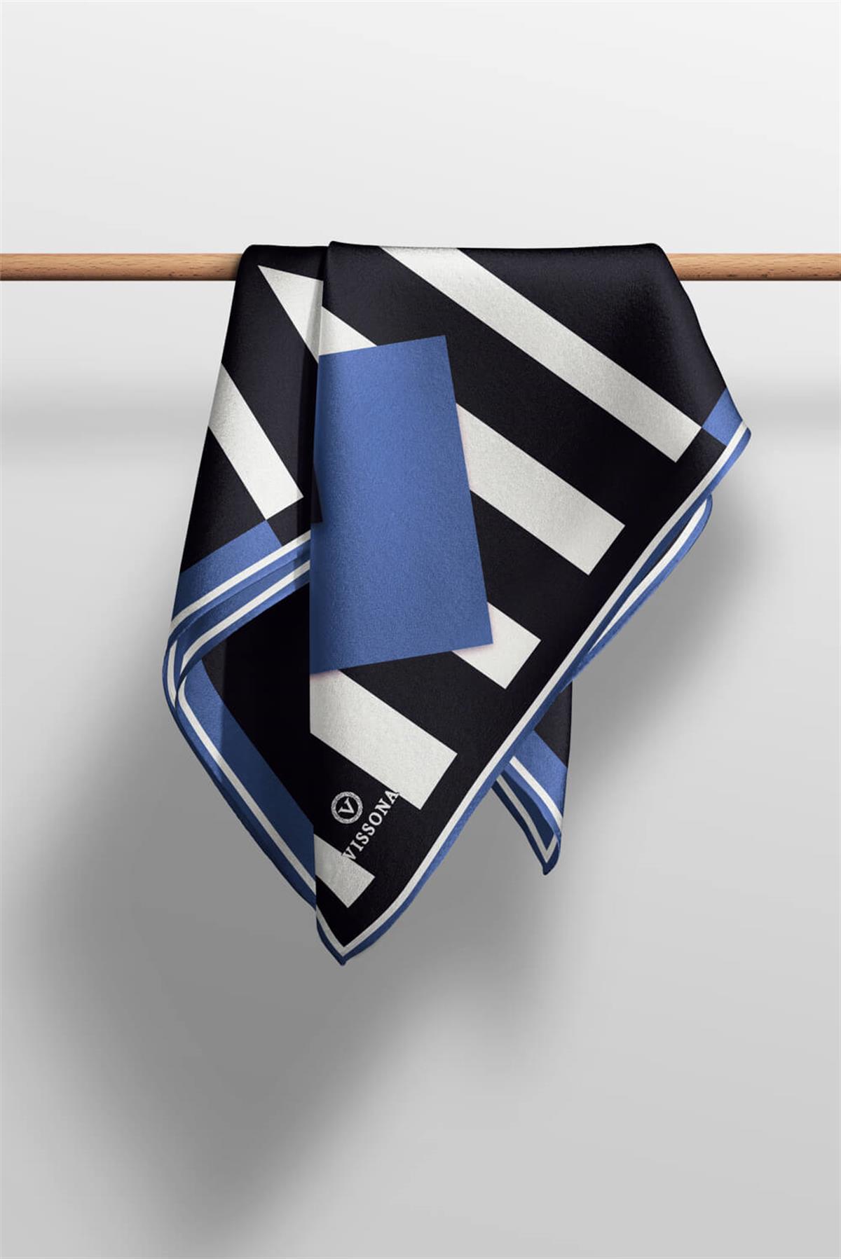 %100 Twill İpek Karo Desenli İndigo - Siyah Renkli 90x90 Eşarp Dikim Şekli : El Dikişi