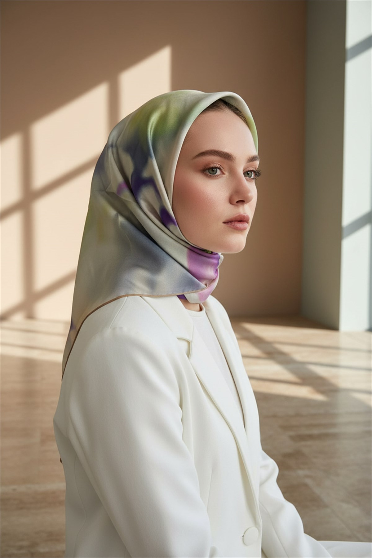 %100 Twill İpek Çiçek Desenli 90x90 Eşarp Dikim Şekli : El Dikişi