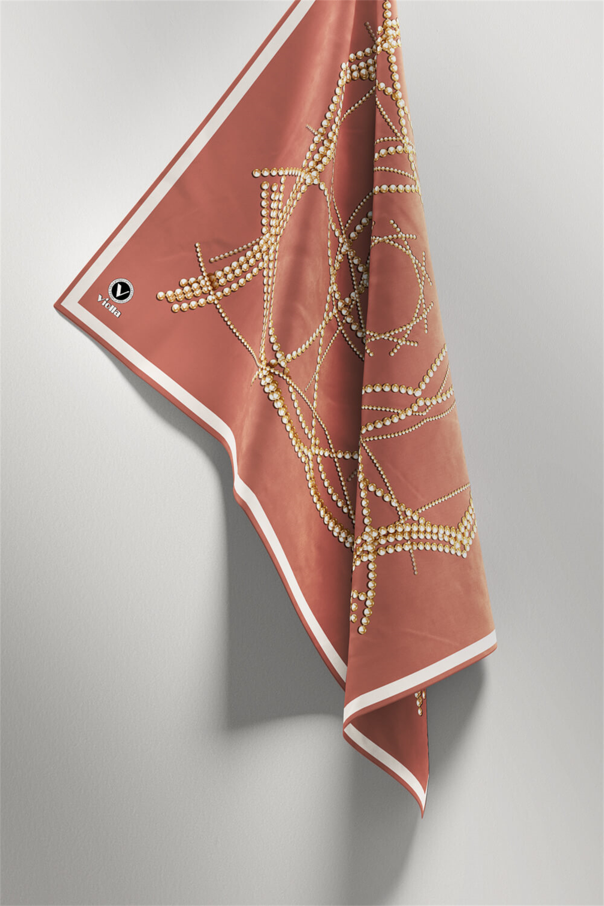 Twill Boncuk Desenli Somon Renkli 90x90 Eşarp (İpek İçermez) Kenar Dikiş Şekli El Dikişli