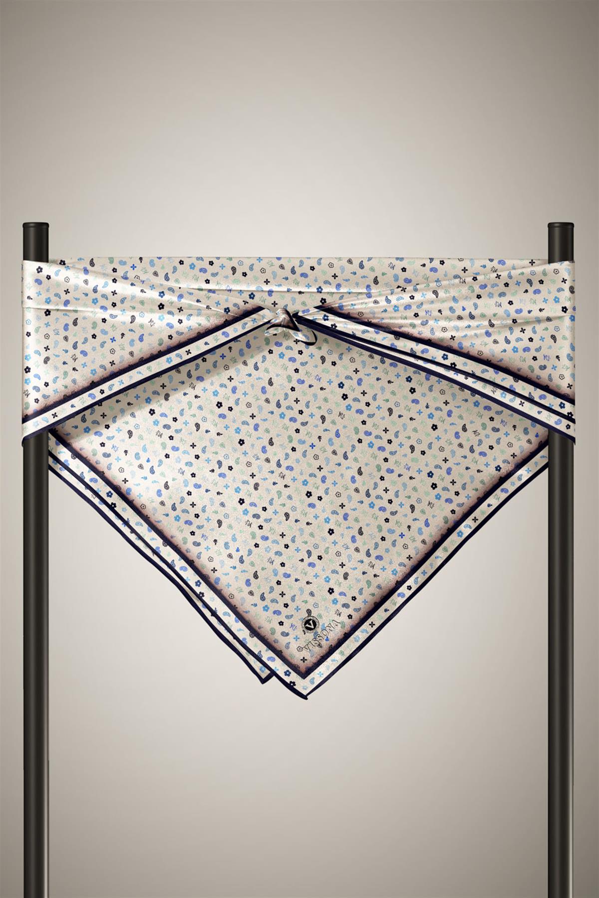 %100 Twill İpek Çıtır Desenli Krem - Lacivert Renkli 90x90 Eşarp Dikim Şekli : El Dikişi