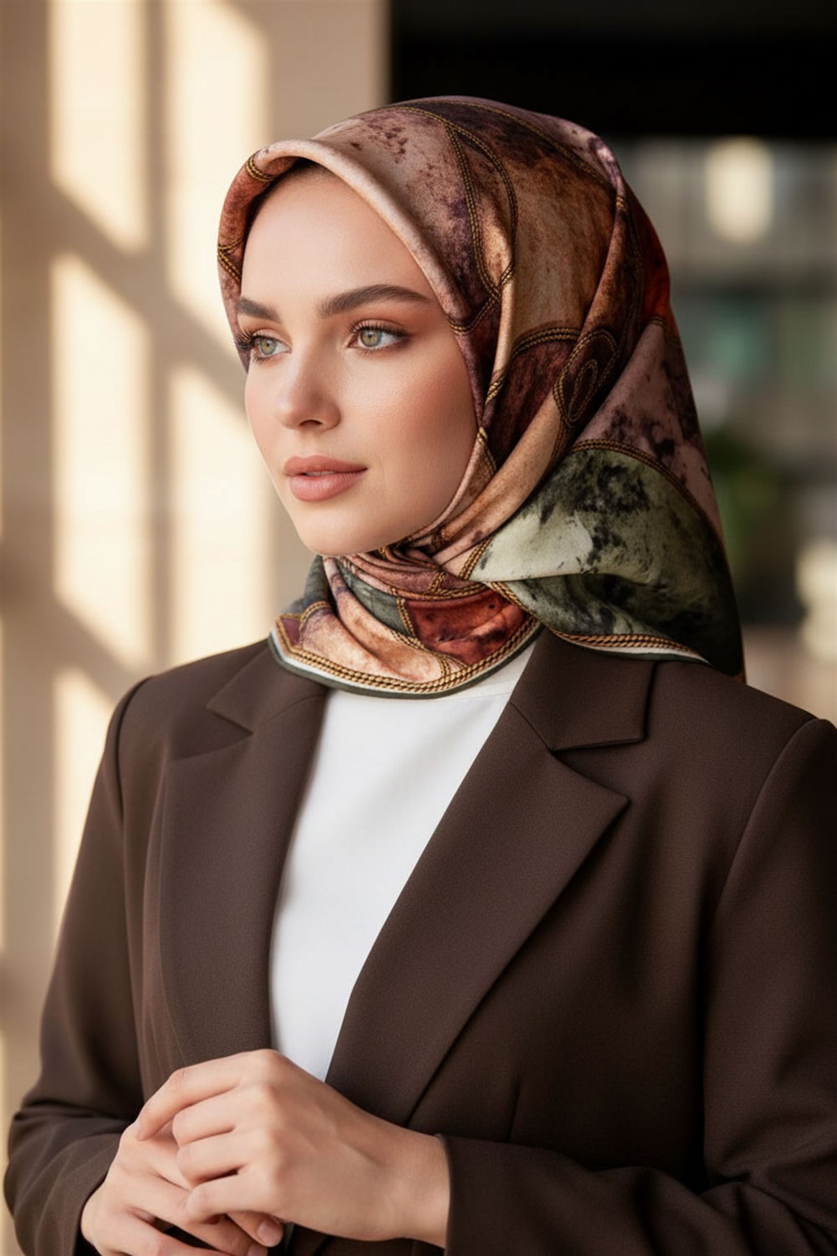 %100 Twill İpek Zincirli Mermer Desenli Haki - Bakır Renkli 90x90 Eşarp Dikim Şekli : El Dikişi