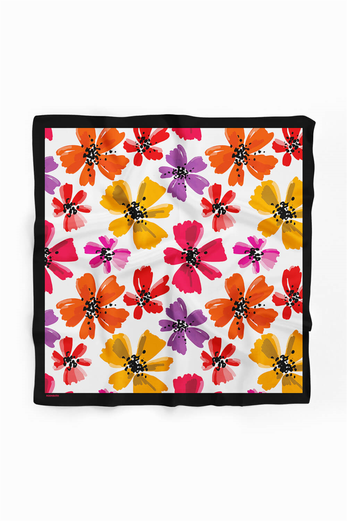 D102 Kadın Çiçek Desenli Bandana 50x50 Kırmızı Sarı DG0176-22