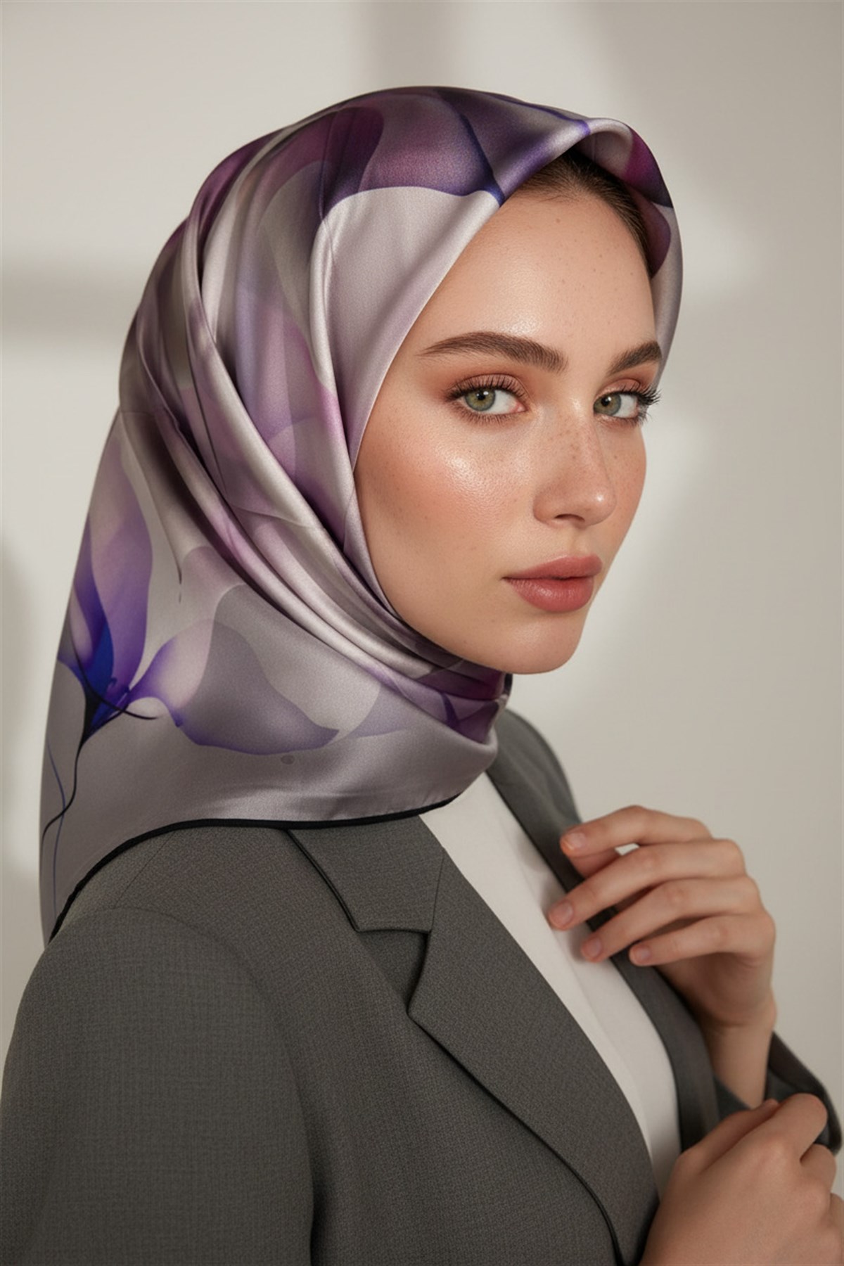 %100 Twill İpek Büyük Çiçek Desenli Gri - Saks Renkli 90x90 Eşarp Dikim Şekli : El Dikişi