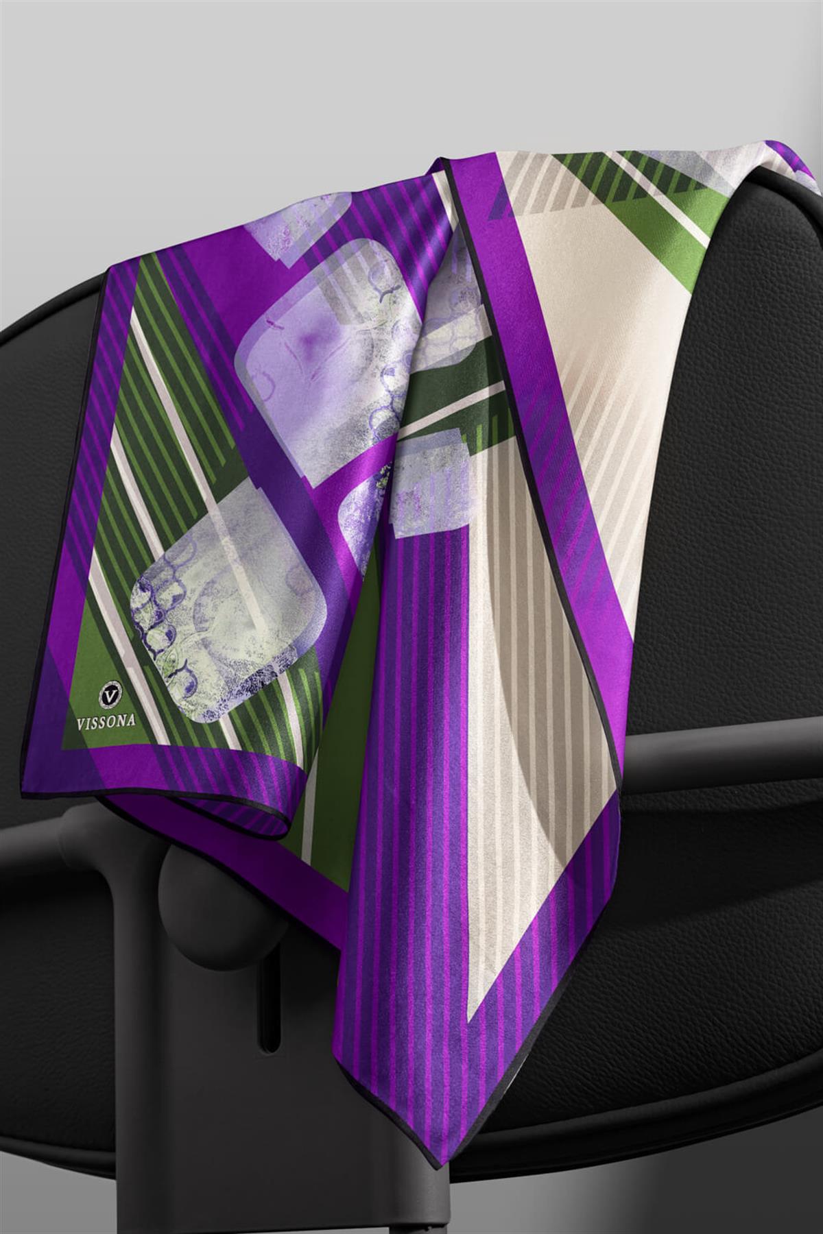 %100 Twill İpek Geometrik Desenli Mor - Haki Renkli 90x90 Eşarp Dikim Şekli : El Dikişi