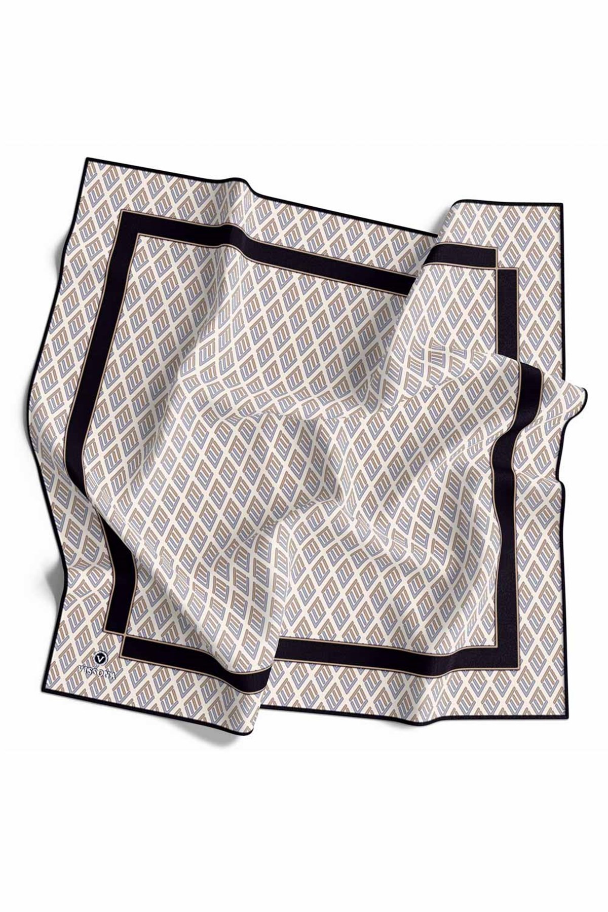 % 57 İPEK % 43 VİSKON Twill İpek Geometrik Desenli Gri - Bej Renkli 90x90 Eşarp Dikim Şekli : El Dikişi