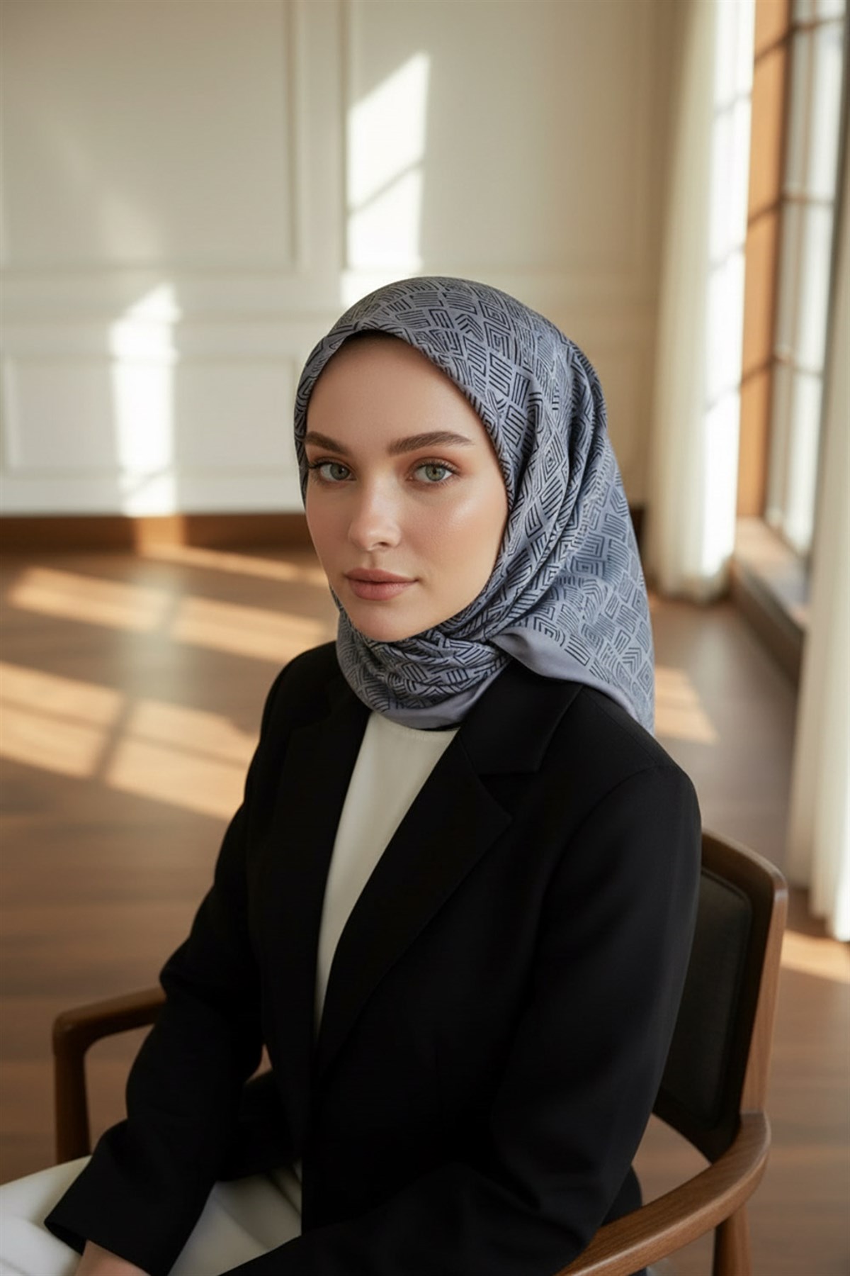 %57 İPEK %43 VİSKON Twill İpek Etnik Motif Desenli Gri - Siyah Renkli 90x90 Eşarp Dikim Şekli : El Dikişi