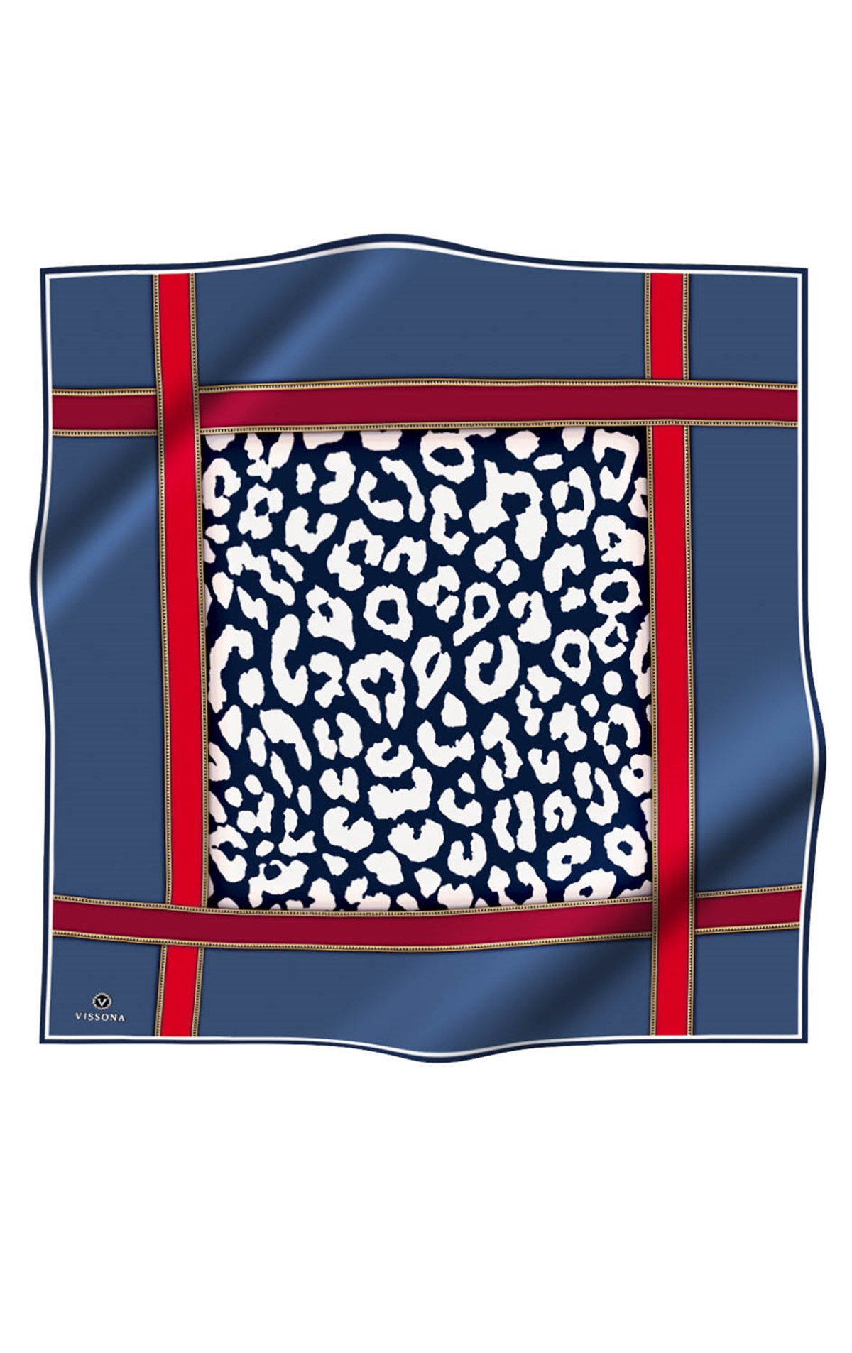 %100 Twill İpek Leopar Desenli İndigo - Kırmızı Renkli 90x90 Eşarp Dikim Şekli : El Dikişi