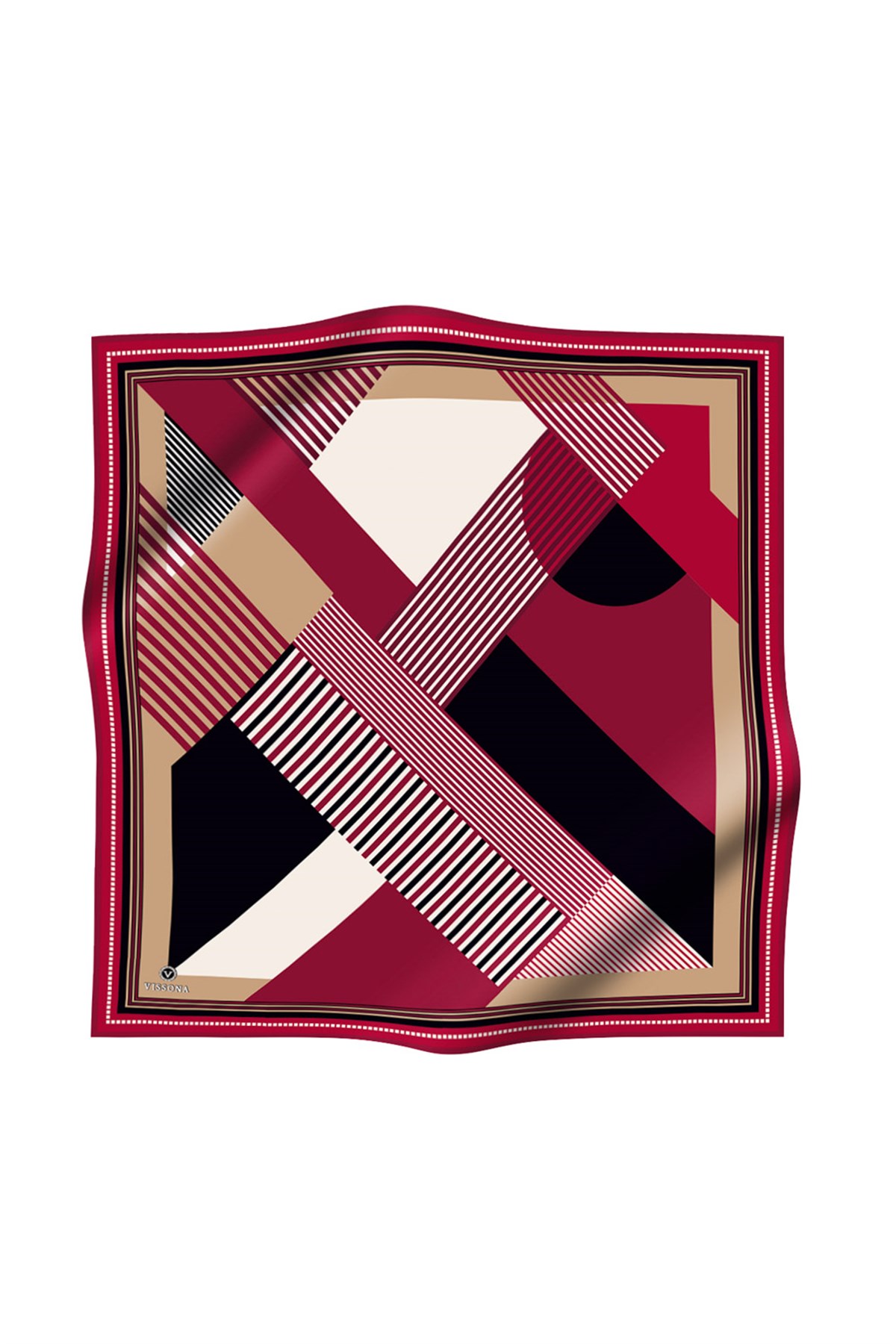 %100 Twill İpek Geometrik Desenli Bordo Renkli 90x90 Eşarp Dikim Şekli : El Dikişi