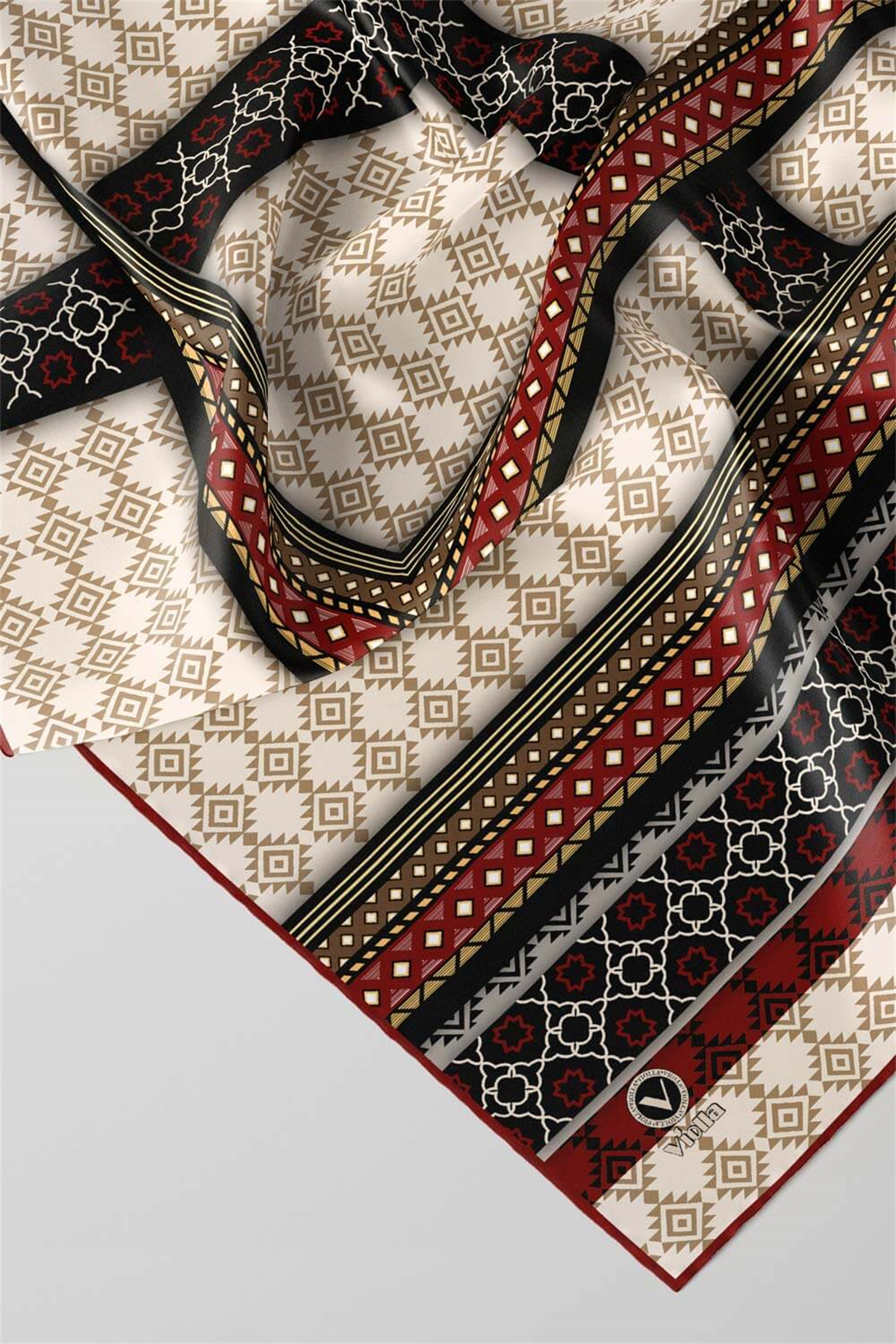 Twill Etnik Desenli Bordo Renkli 90x90 Eşarp (İpek İçermez) Kenar Dikiş Şekli El Dikişli