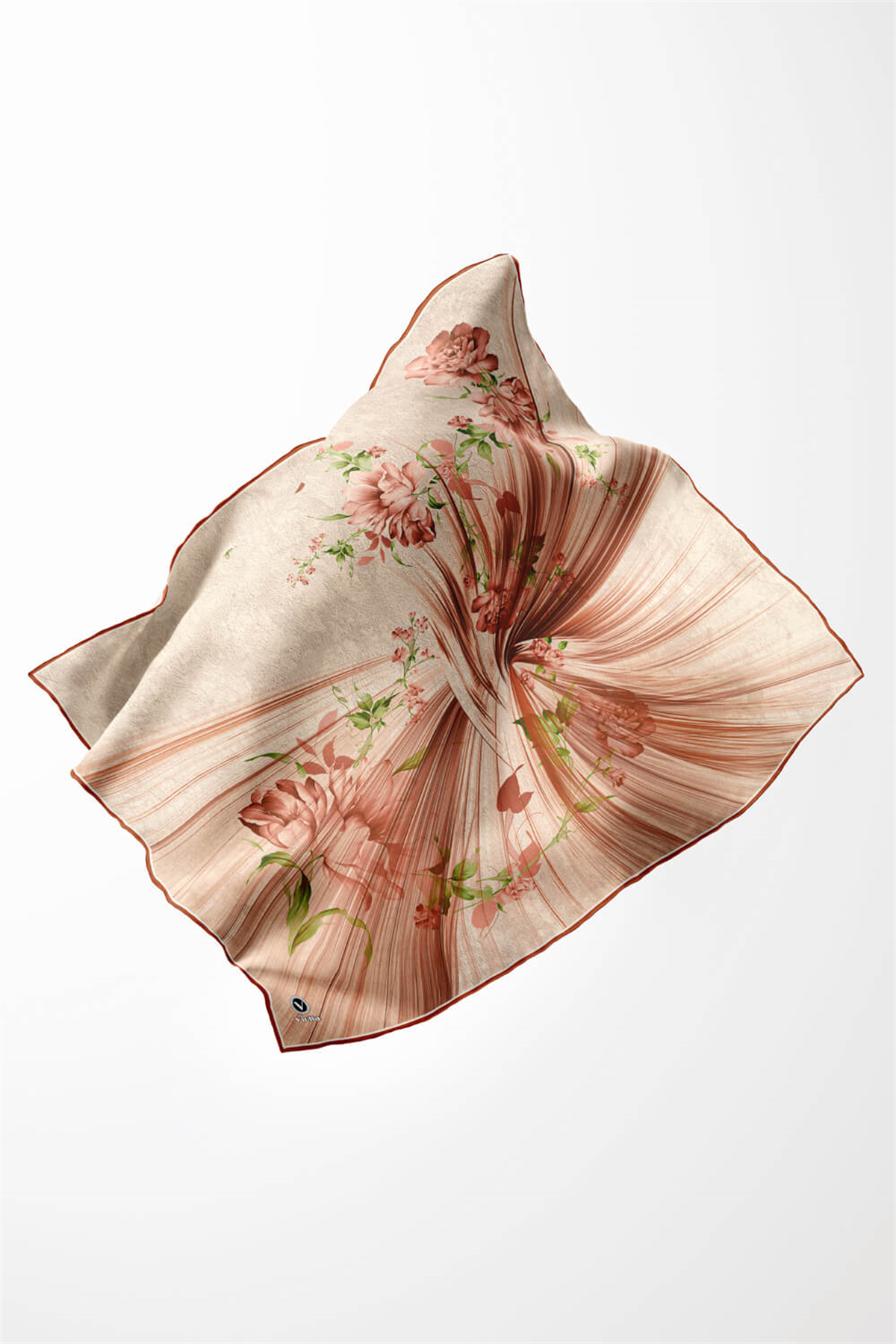 Twill Çiçekli Desenli Taba Renkli 90x90 Eşarp (İpek İçermez) Kenar Dikiş Şekli El Dikişli