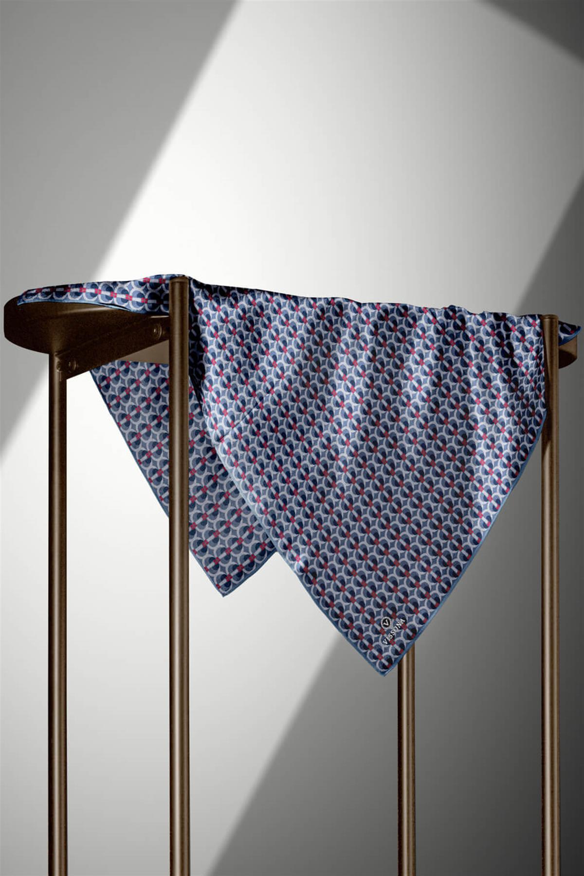 %100 Twill İpek Geometrik Desenli İndigo - Bordo Renkli 90x90 Eşarp Dikim Şekli : El Dikişi