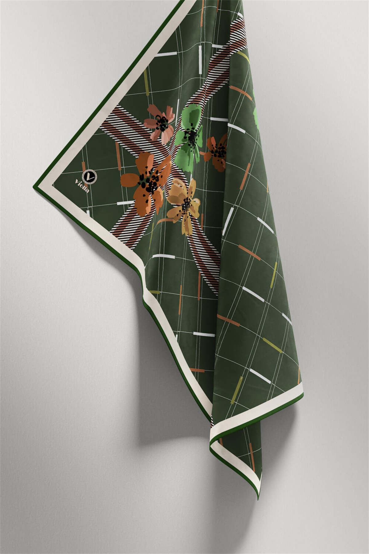 Twill Papatya Desenli Zümrüt Yeşili Renkli 90x90 Eşarp (İpek İçermez) Kenar Dikiş Şekli El Dikişli