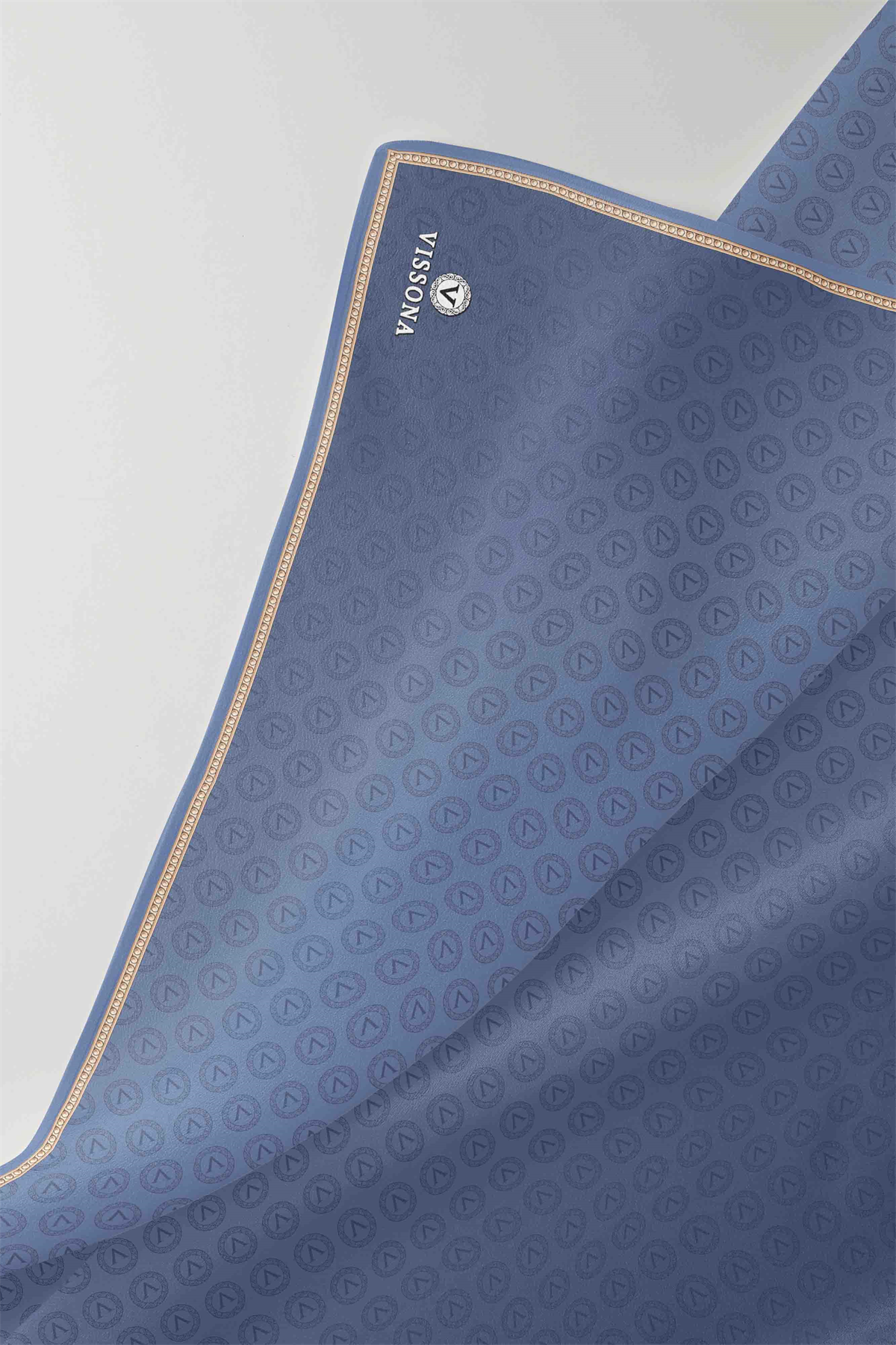 %100 Twill İpek Monogram Desenli İndigo Renkli 90x90 Eşarp Dikim Şekli : El Dikişi