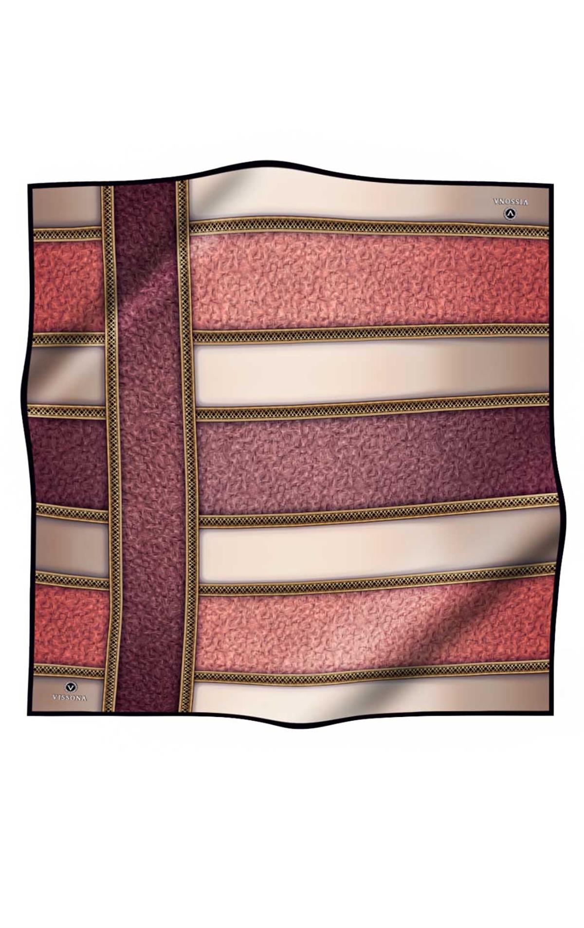 %100 Twill İpek Dokulu Ve Şerit Desenli Gül Kurusu - Somon Renkli 90x90 Eşarp Dikim Şekli : El Dikişi