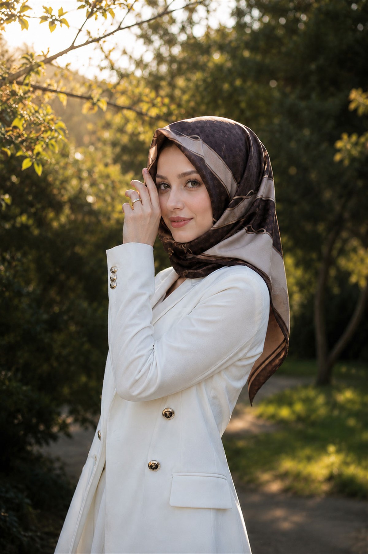 %100 Twill İpek Puantiyeli ve Geometrik Desenli Bej - Kahverengi Renkli 90x90 Eşarp Dikim Şekli : El Dikişi