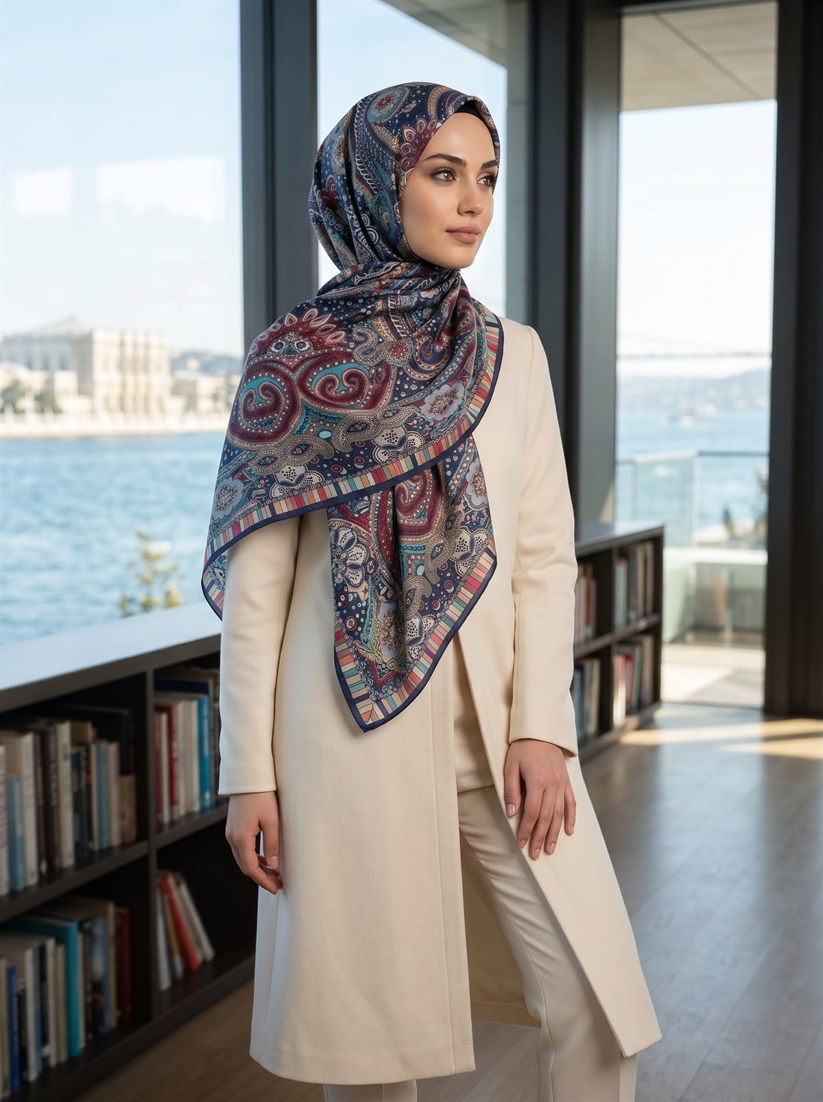 100% İpek Etro Desenli Lacivert Renkli 92x210 Şal