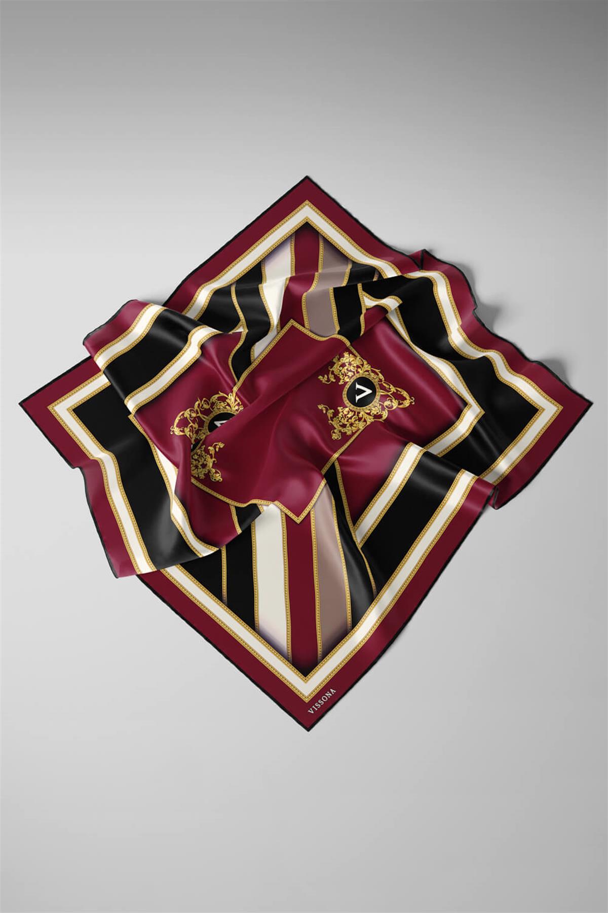 %100 Twill İpek Baroklu Ve Geometrik Desenli Bordo - Siyah Renkli 90x90 Eşarp Dikim Şekli : El Dikişi