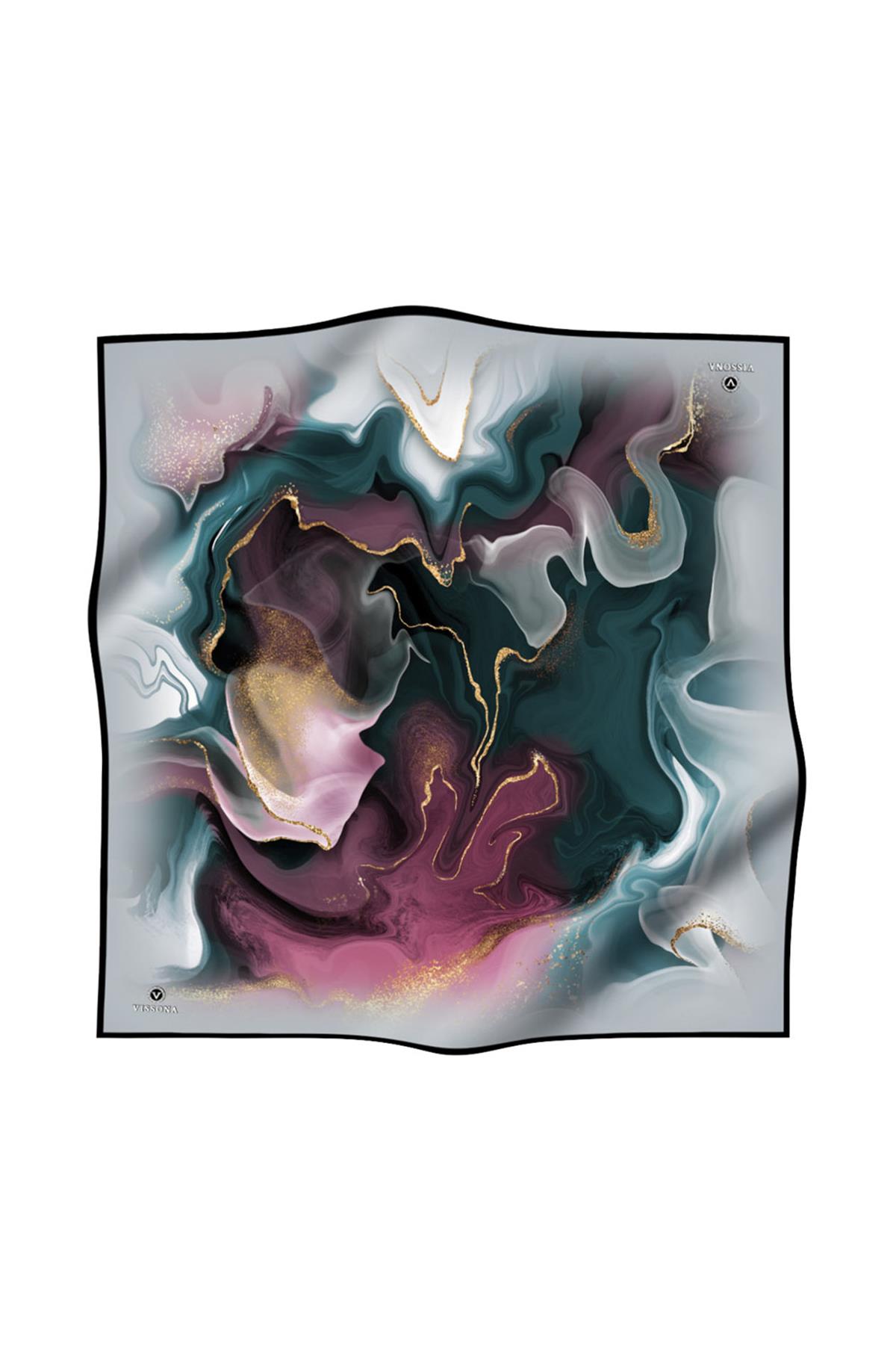 %100 Twill İpek Batik Desenli Petrol Yeşili - Mürdüm Renkli 90x90 Eşarp Dikim Şekli : El Dikişi