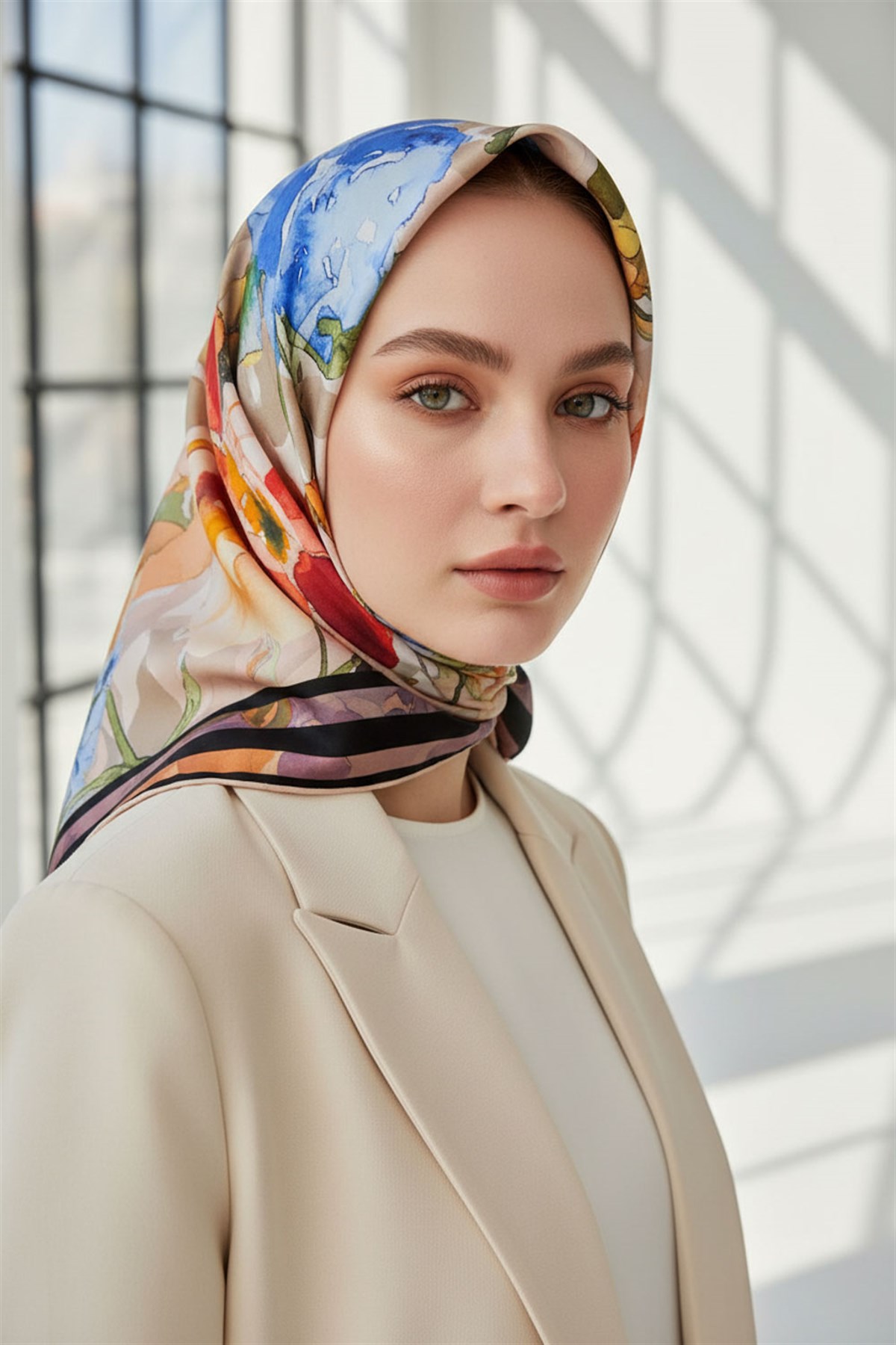 % 57 İPEK % 43 VİSKON Twill İpek Sulu Boyalı Çiçek Desenli Somon - Kırmızı Renkli 90x90 Eşarp Dikim Şekli : El Dikişi
