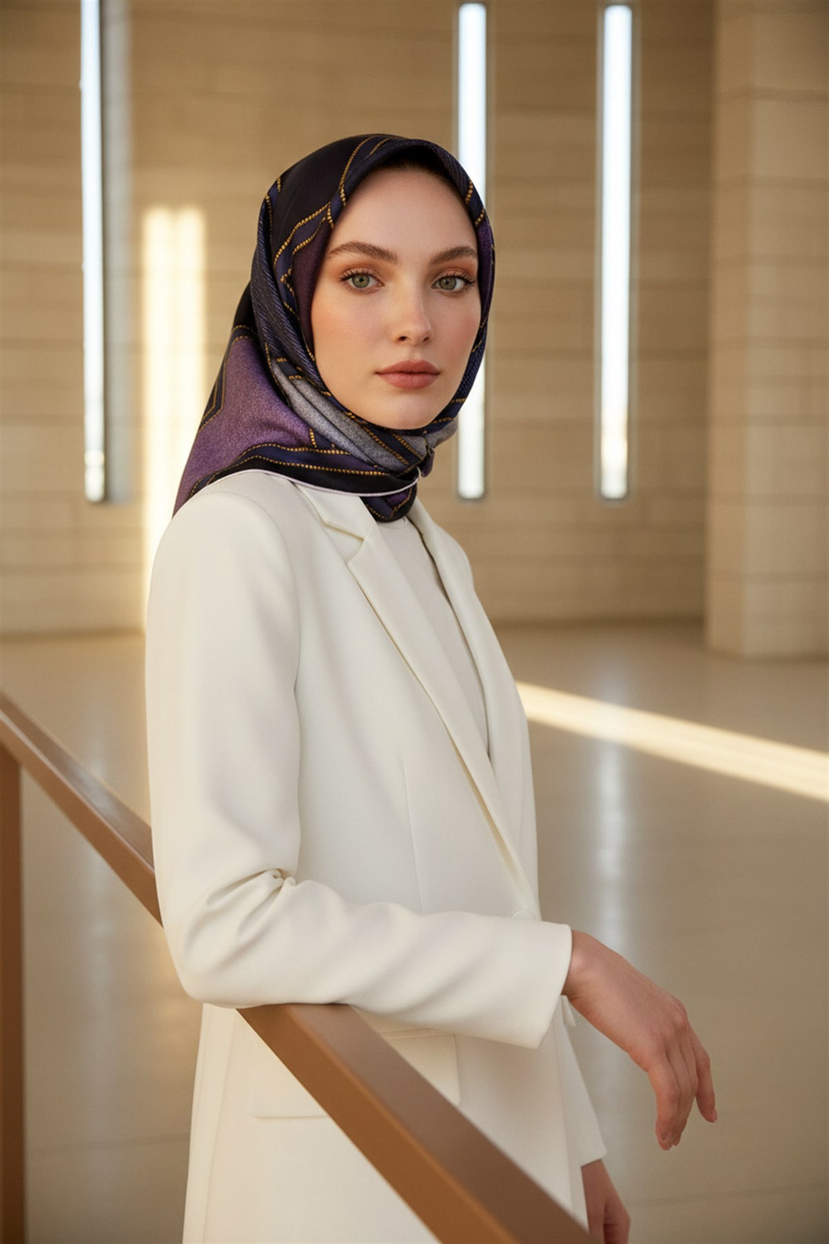100% Twill İpek Gold Detaylı Kare Desenli Lacivert - Mürdüm Renkli 90x90 Dikim Şekli : El Dikişi