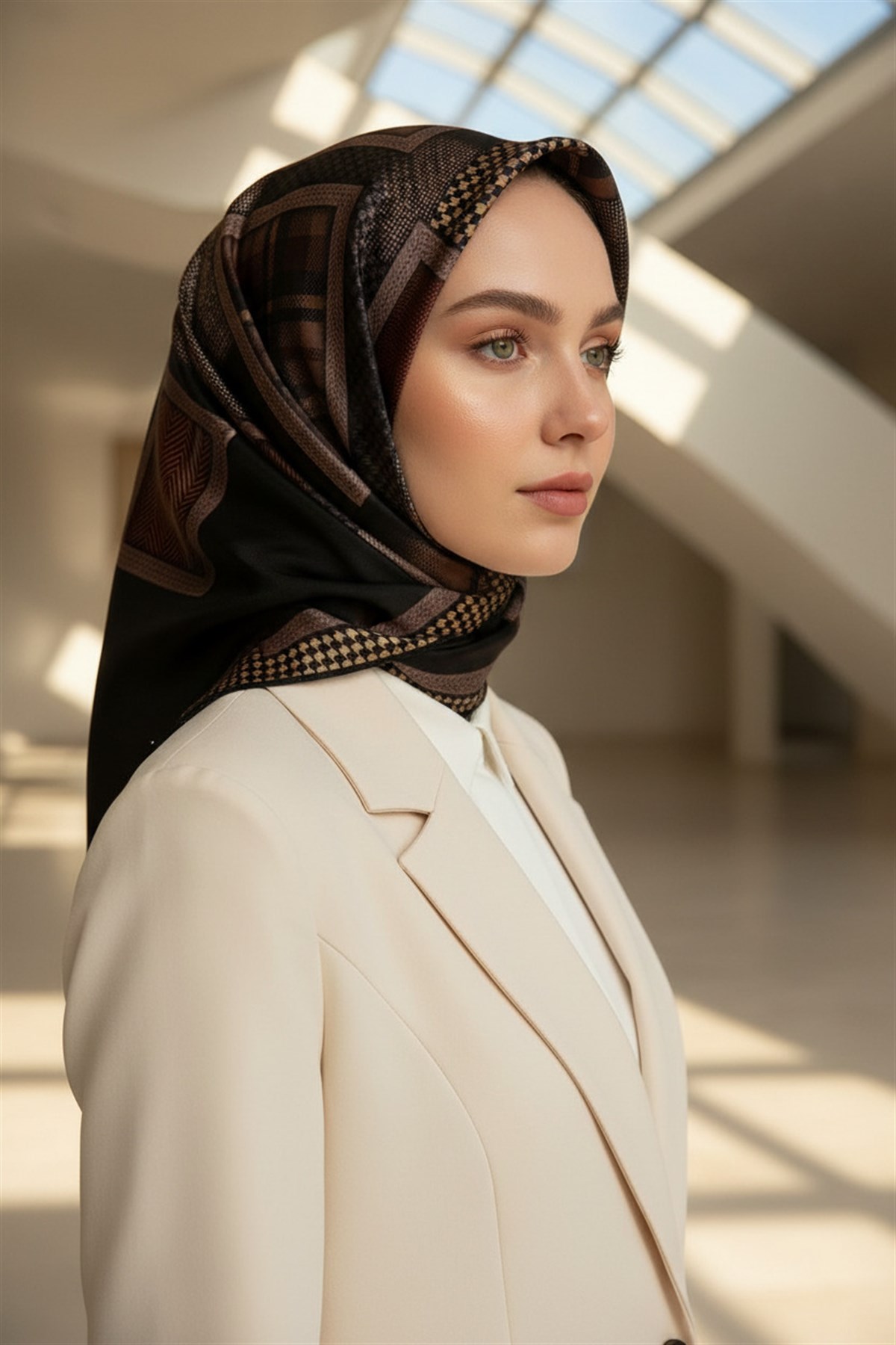 %100 Twill İpek Kazakayaklı Ve Ekose Desenli Siyah - Taba Renkli 90x90 Eşarp Dikim Şekli : El Dikişi