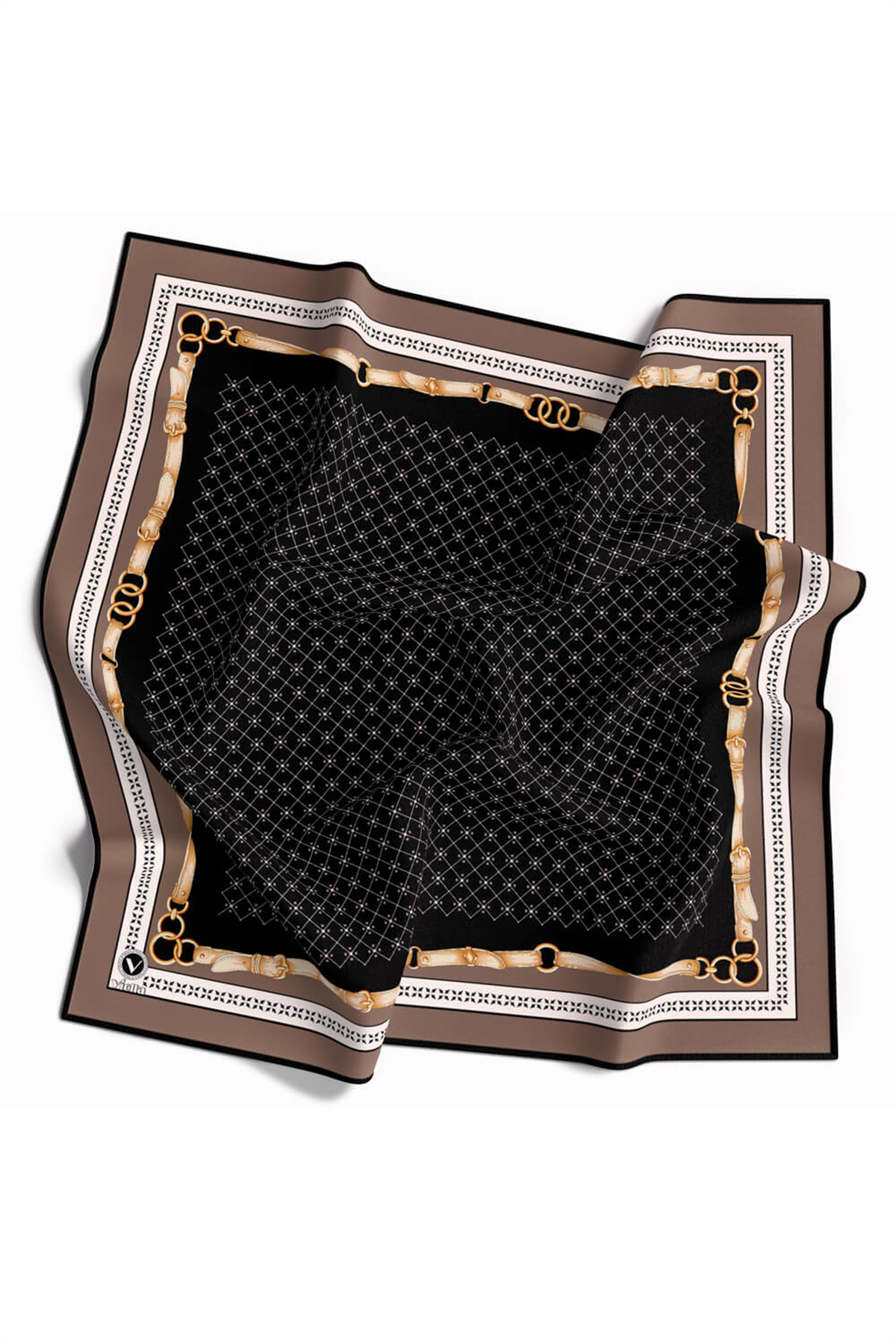 Twill Kemerli ve Çıtır Motifli Desenli Vizon Renkli 90x90 Eşarp (İpek İçermez) Dikim Şekli : El Dikişi