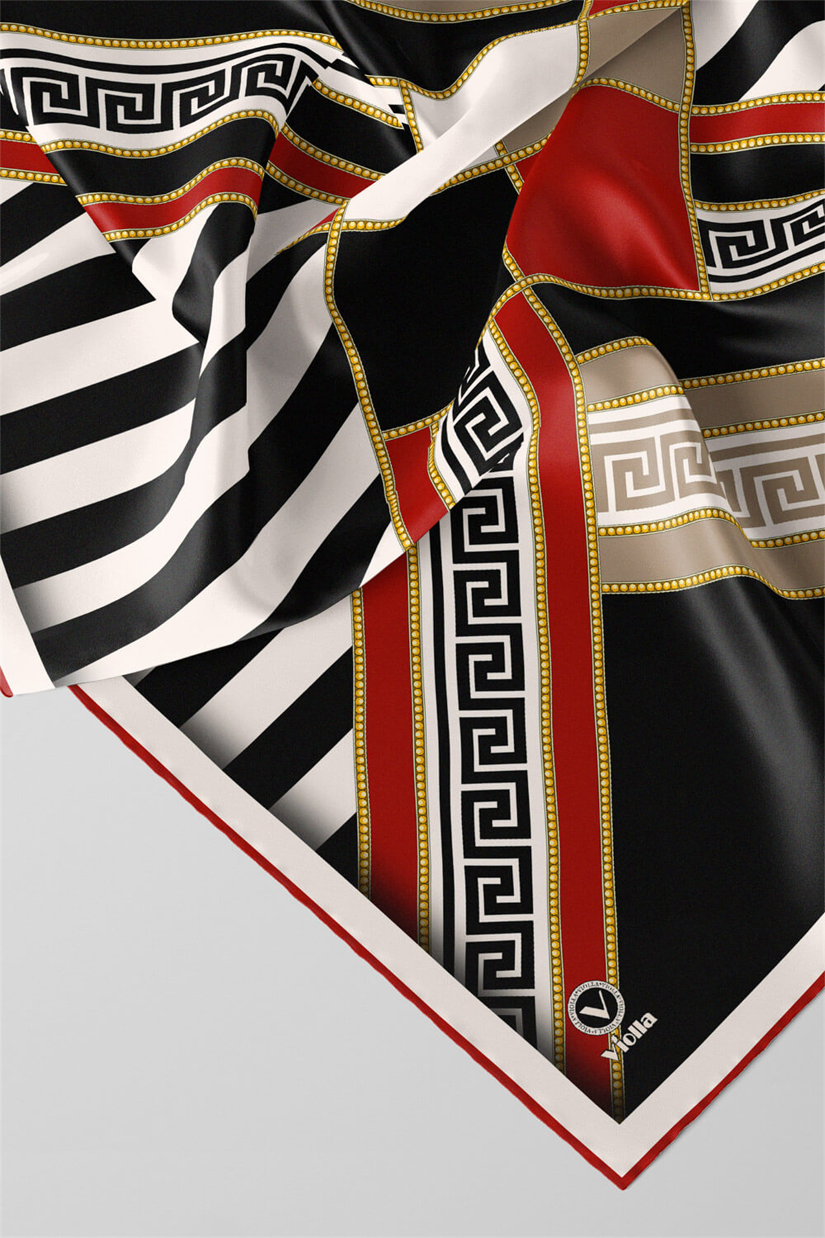 Twill Çizgili Geometrik Desenli Kırmızı Renkli 90x90 Eşarp (İpek İçermez) Kenar Dikiş Şekli El Dikişli