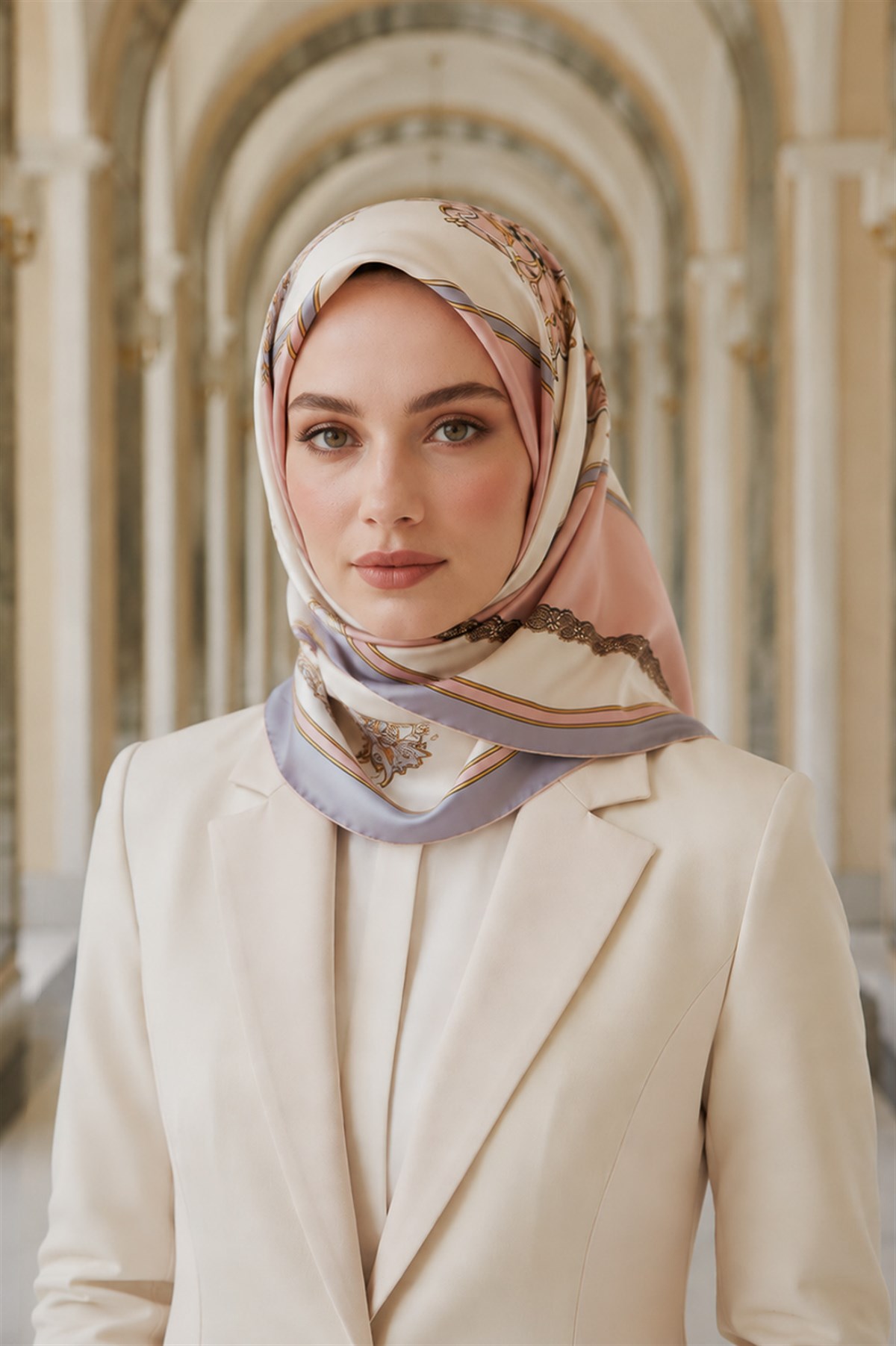 %100 Twill Barok Desenli Pudra - Gri Renkli 90x90 Eşarp Dikim Şekli: El Dikişi
