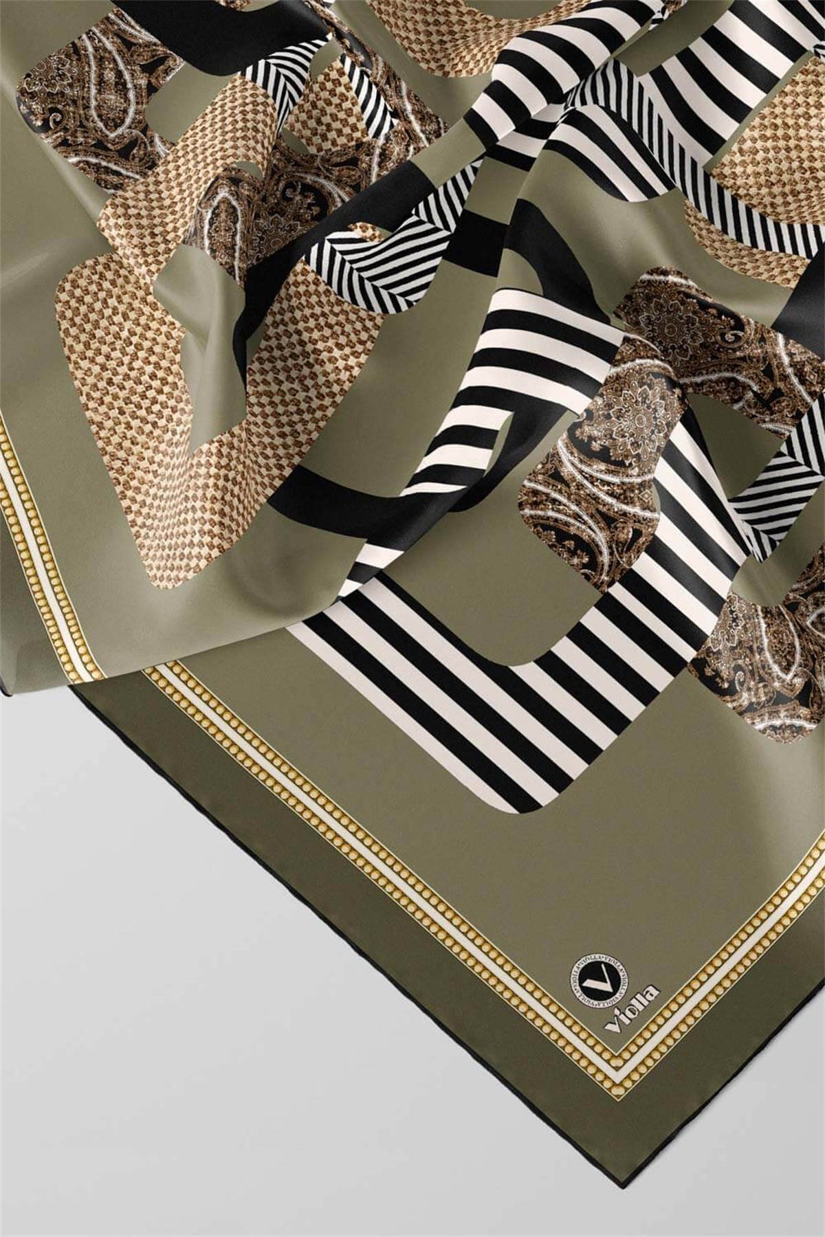 Twill Geometrik Desenli Haki Renkli 90x90 Eşarp (İpek İçermez) Kenar Dikiş Şekli El Dikişli