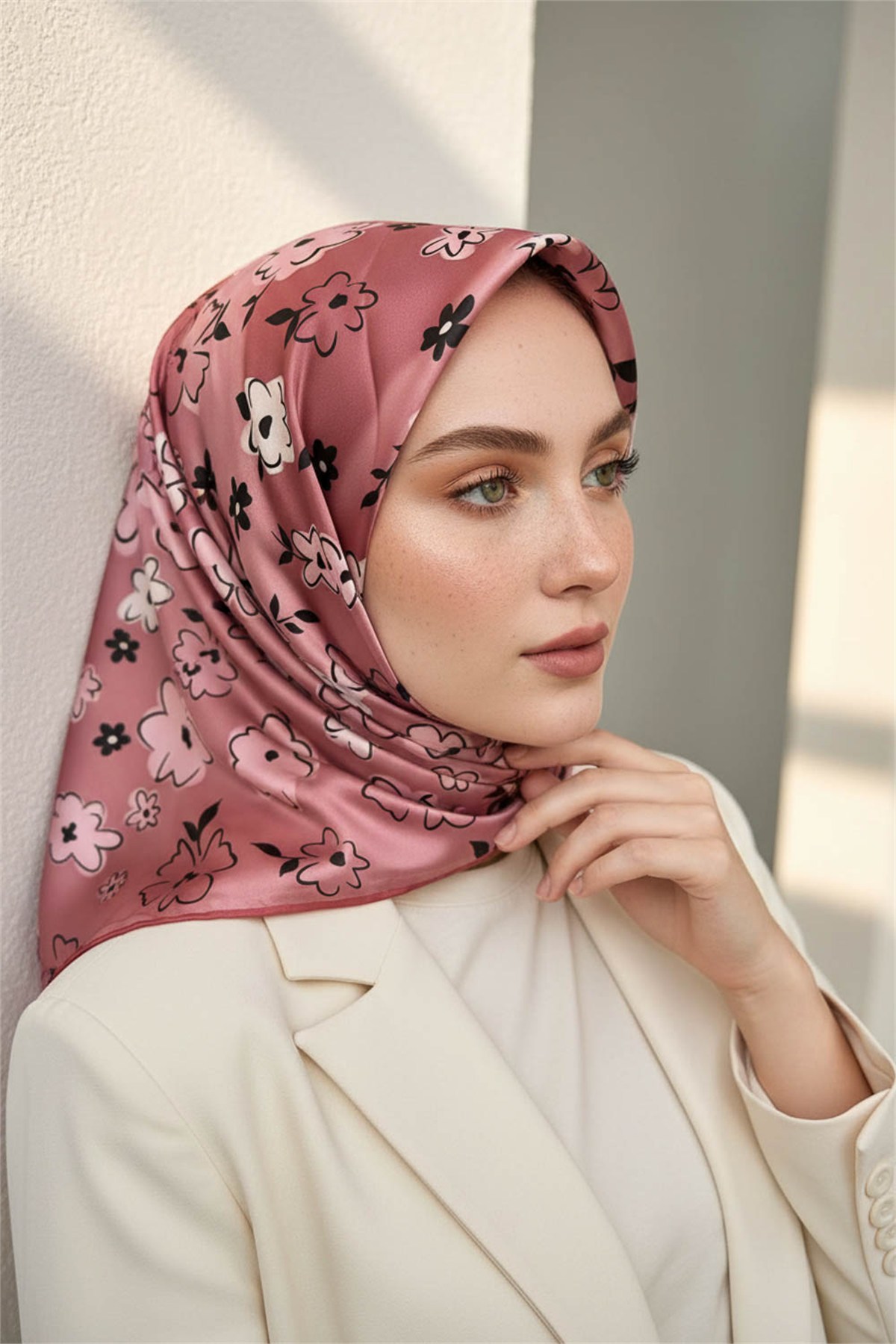 Rayon Papatya Desenli Pudra Renkli 90x90 Eşarp (İpek İçermez) Kenar Dikiş Şekli El Dikişli