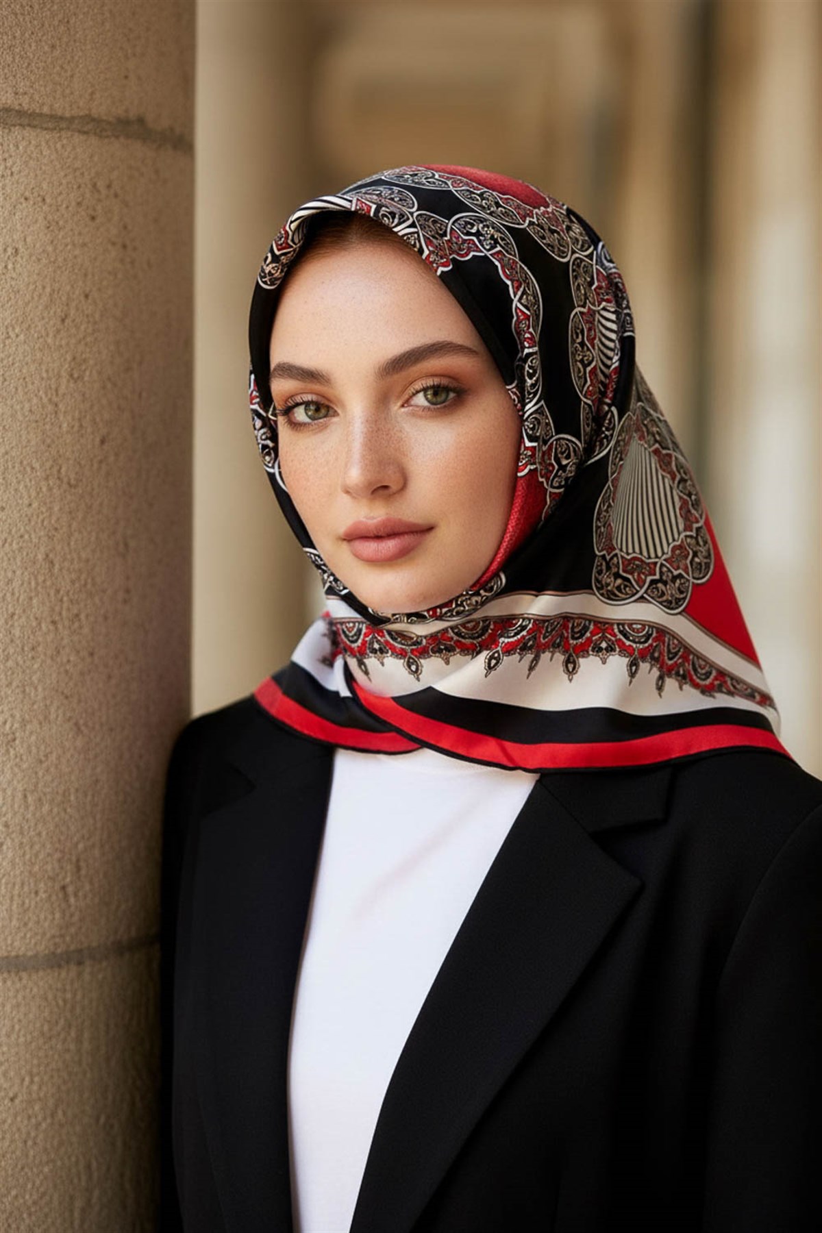 %100 Twill Türk Motifi  Desenli Siyah - Kırmızı Renkli 90x90 Eşarp Dikim Şekli: El Dikişi