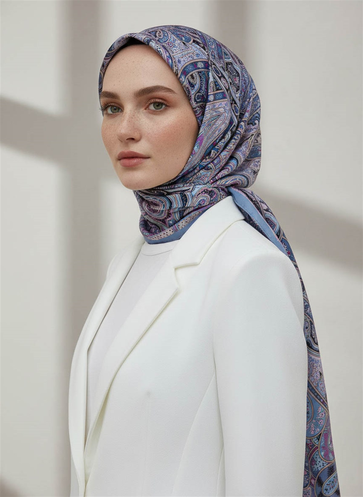 %100 Saf İpek Şal İnce Saten Vual Dokuma Etnik Desenli İndigo Renkli 90x210 Şal
