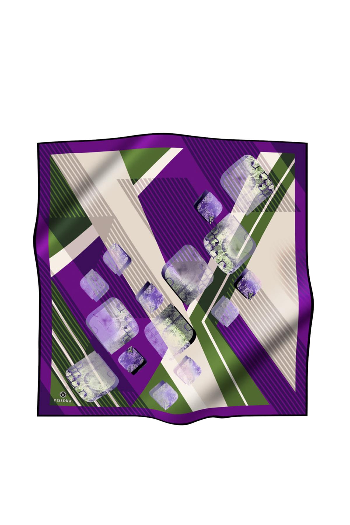 %100 Twill İpek Geometrik Desenli Mor - Haki Renkli 90x90 Eşarp Dikim Şekli : El Dikişi