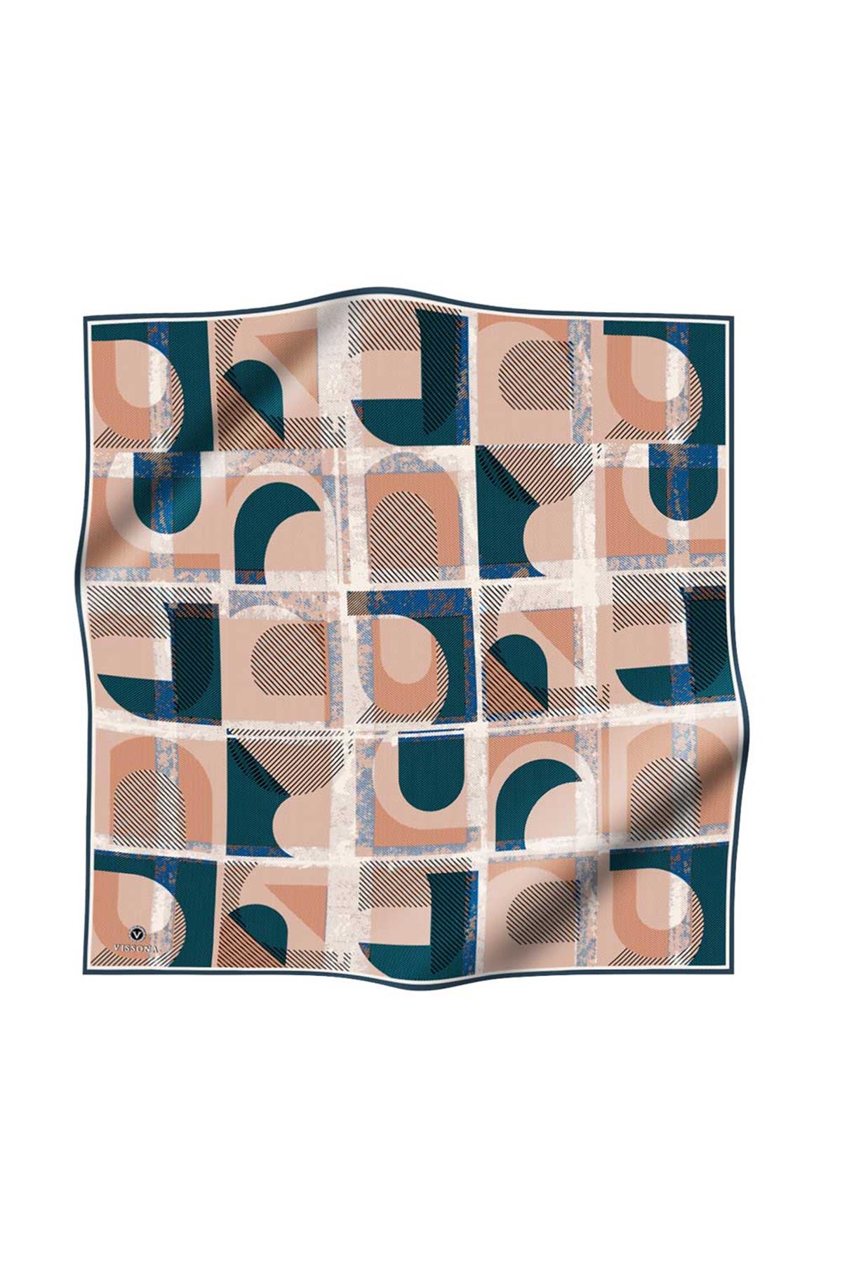 %100 Twill İpek Geometri Desenli Lacivert - Vizon Renkli 90x90 Eşarp Kenar Dikiş Şekli El Dikişli