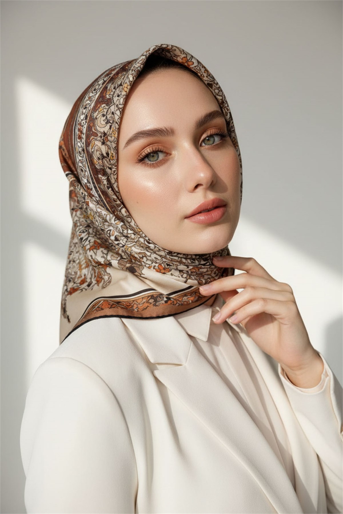 %100 Twill İpek Şal Desenli Taba Renkli 90x90 Eşarp Dikim Şekli : El Dikişi