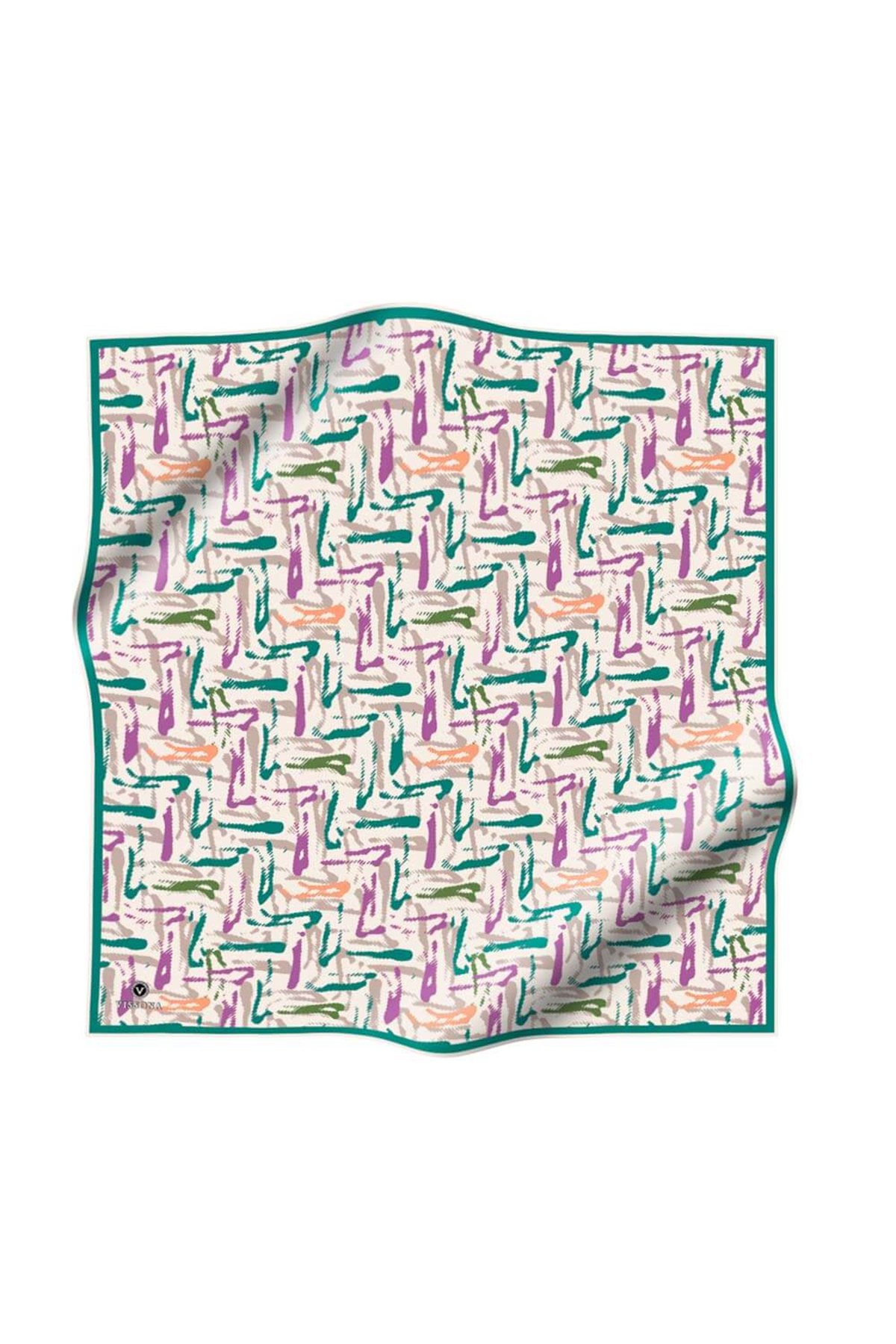 %100 Twill İpek Geometrik Desenli Petrol Yeşili - Mürdüm Renkli 90x90 Eşarp Dikim Şekli : El Dikişi