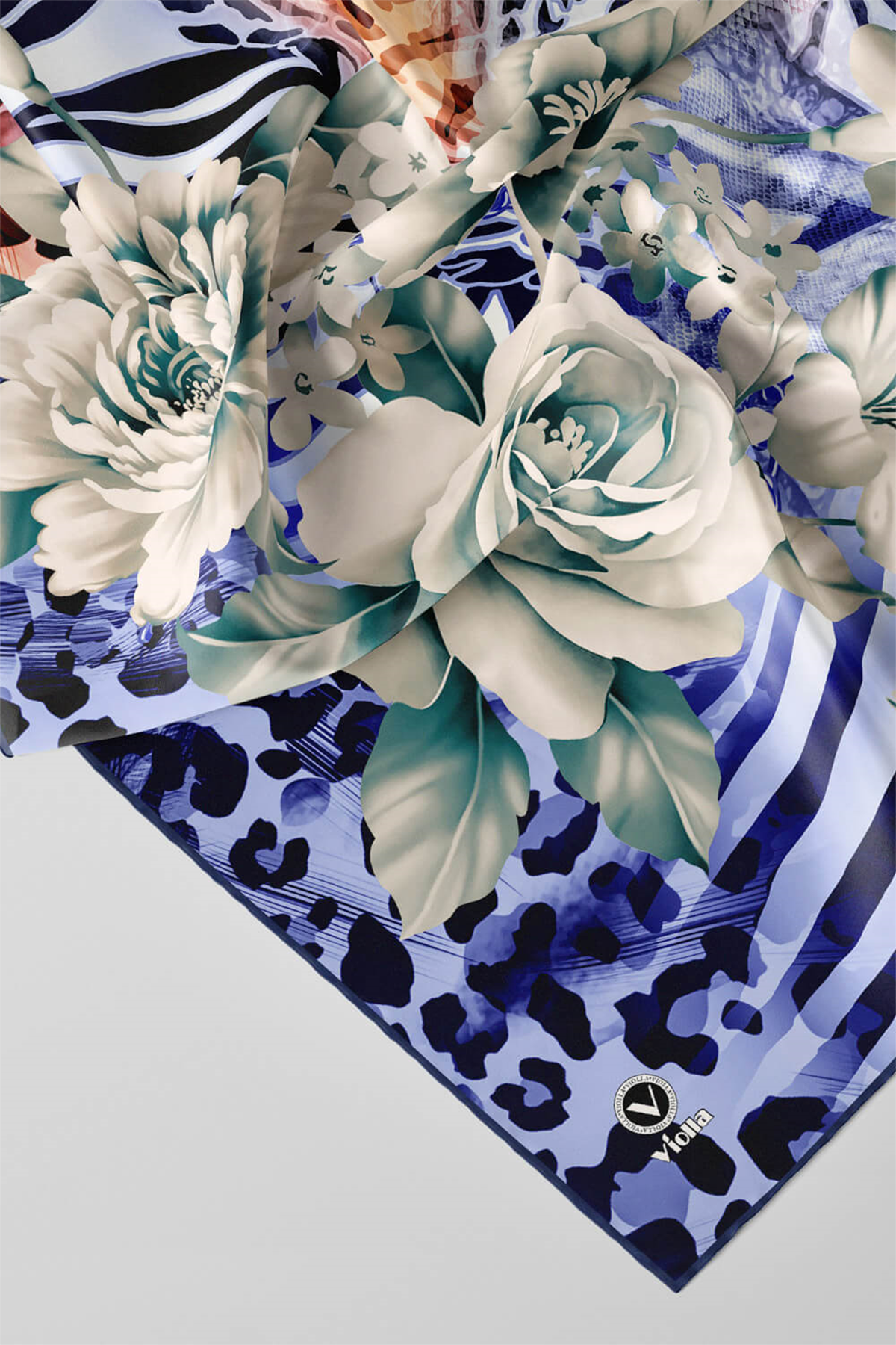 Twill Renkli Şerit Desenli İndigo - Taba  Renkli 90x90 Eşarp (İpek İçermez) Kenar Dikiş Şekli El Dikişli
