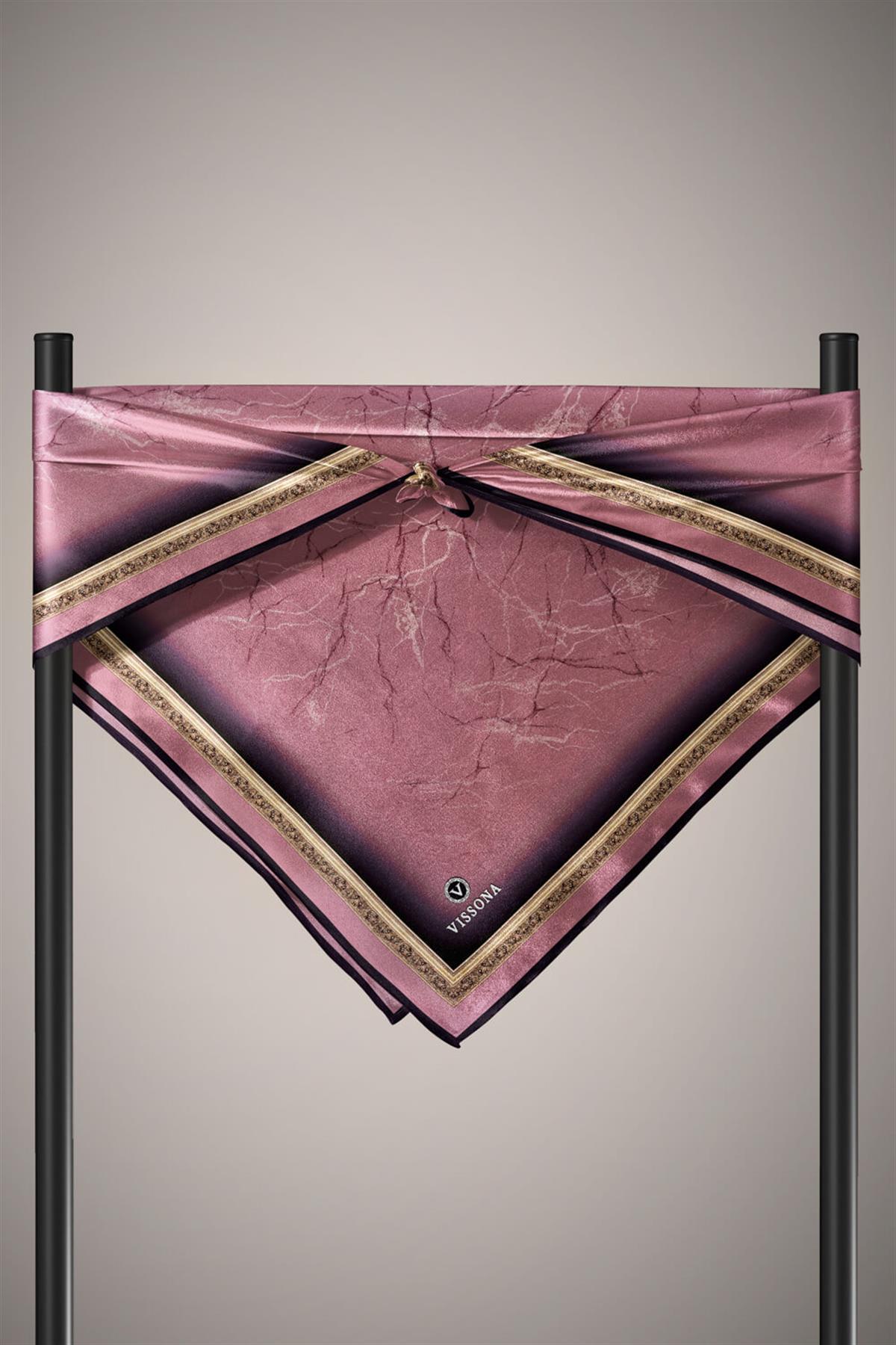 %100 Twill İpek Mermer Desenli Gül Kurusu Renkli 90x90 Eşarp Dikim Şekli : El Dikişi