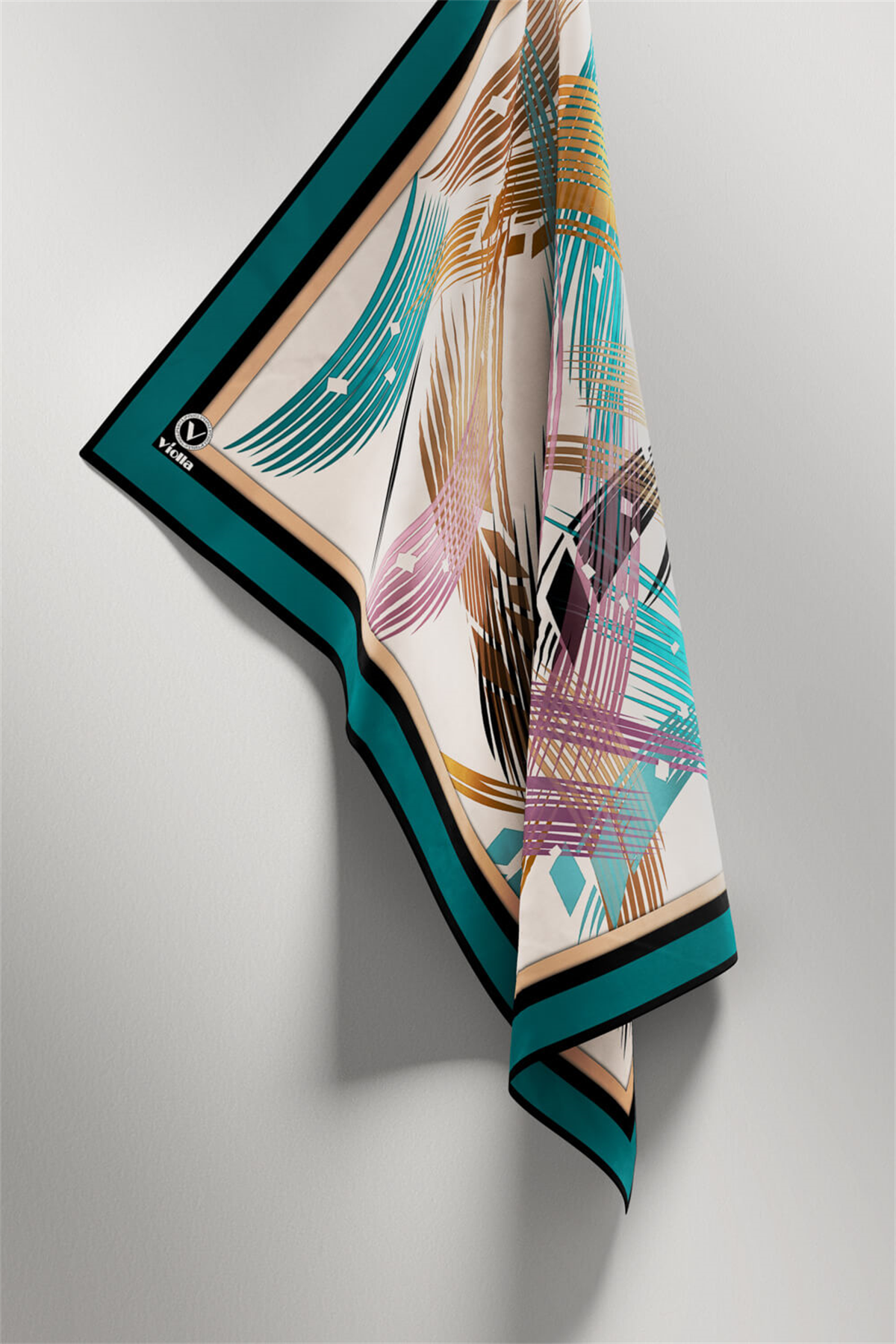 Twill Geometrik Desenli Petrol Yeşili Renkli 90x90 Eşarp (İpek İçermez) Kenar Dikiş Şekli El Dikişli