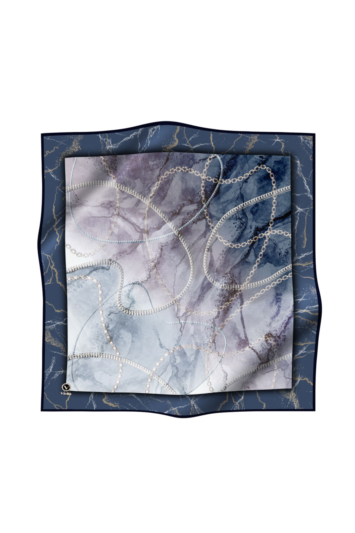 Twill Mermer ve Zincir Desenli İndigo Renkli 90x90 Eşarp (İpek İçermez) Kenar Dikiş Şekli El Dikişli