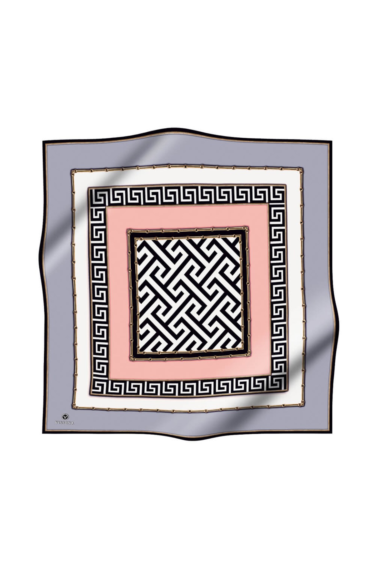 %100 Twill İpek Labirent Ve Geometrik Desenli Gri - Pudra Renkli 90x90 Eşarp Dikim Şekli : El Dikişi